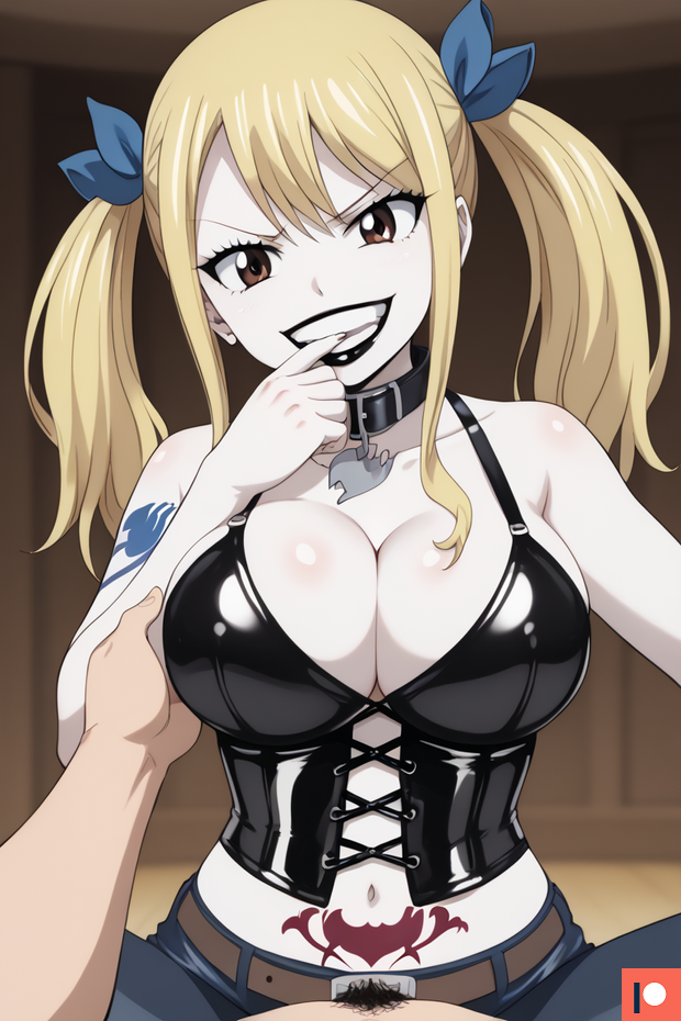 1boy 1girls ai_generated big_breasts big_mouth big_smile black_lips black_lipstick blonde_hair brown_hair collar corrupted corruption corset fairy_tail hands_on_face latex_pants looking_at_viewer lucy_heartfilia midriff necklace omega_weirdo pale_skin patreon pubic_tattoo ribbons rock_of_succubus straddling tattoo twintails white_skin