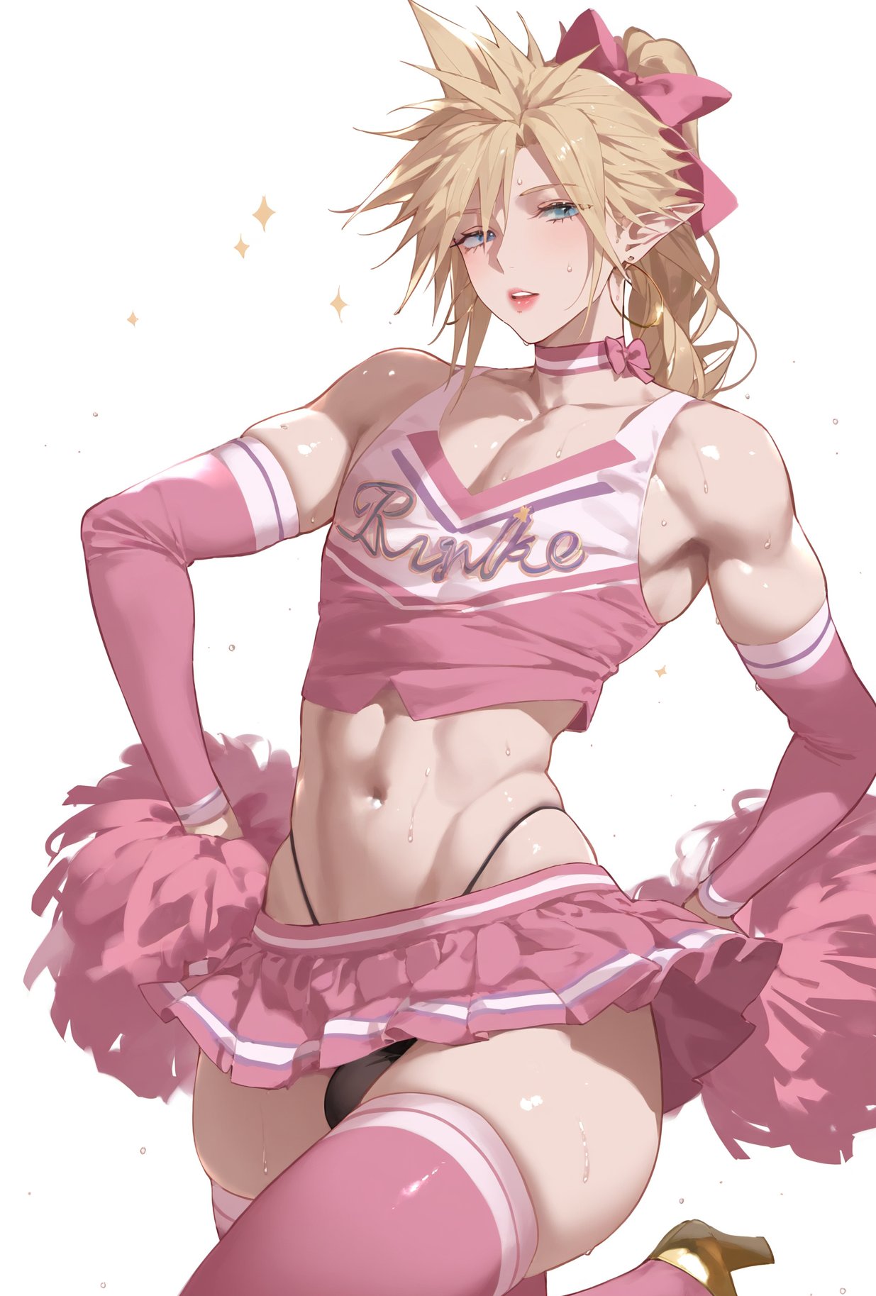 1boy 1femboy ai_generated androgynous belly belly_button blonde_hair blonde_hair blonde_hair_male blue_eyes cheerleader cheerleader_outfit cheerleader_uniform cloud_strife earrings femboy femboy_focus femboysub feminine feminine_body feminine_faced_male feminine_male feminine_pose feminization final_fantasy_vii final_fantasy_vii_remake flat_chest foe_(artist) girly hands_on_hips long_hair male male_focus male_only miniskirt pale-skinned_male pale_skin pointy_ears ponytail pose posing simple_background sissification sissy slim_waist small_waist solo solo_focus solo_male sweat sweatdrop sweating sweaty sweaty_body thick_hips thick_legs thick_thighs thighhighs thighs tiny_waist trap yaoi