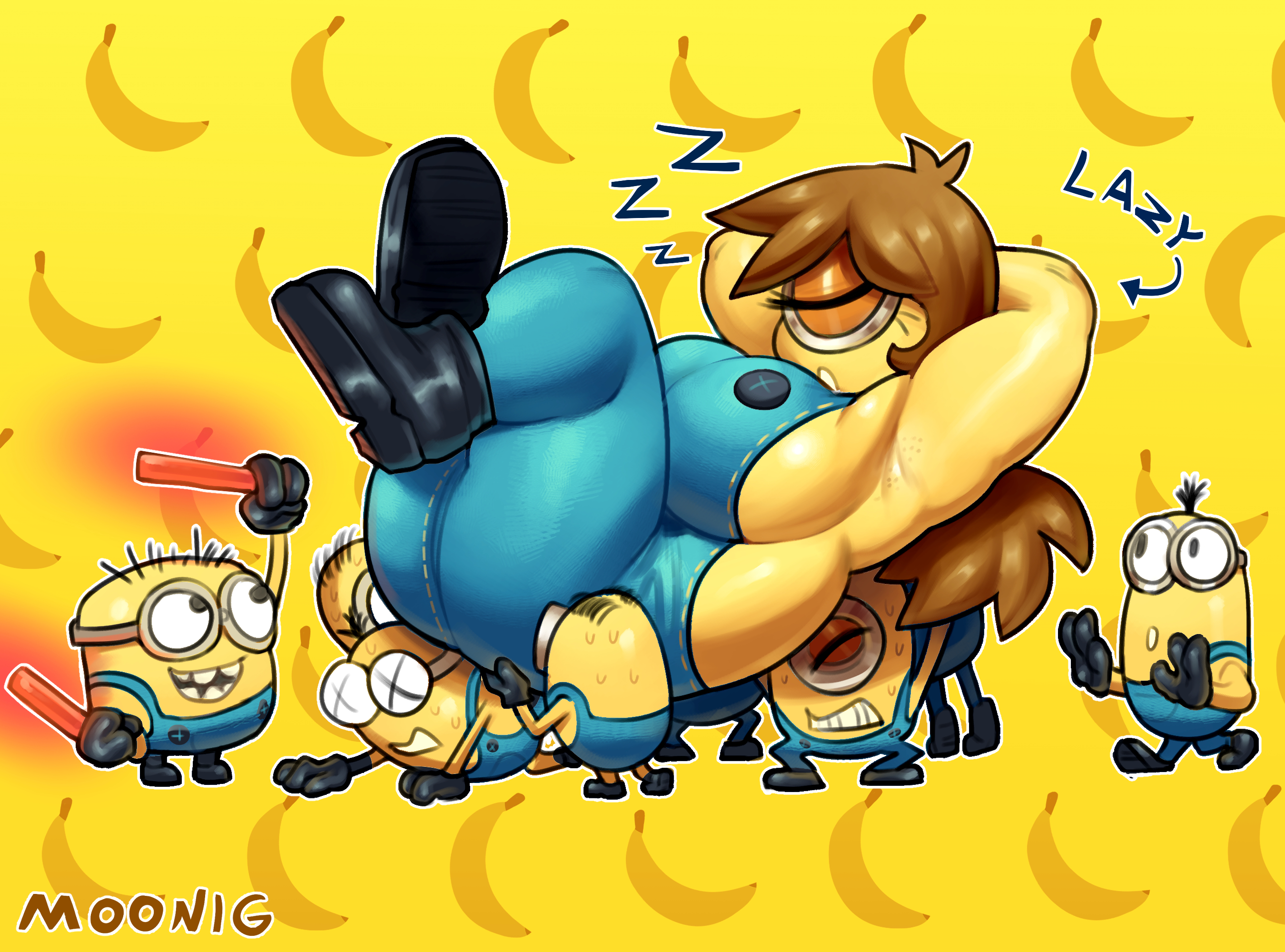 1girls, 8boys, becky (lilmoonie), black shoes, blue overalls, brown hair, cyclops, despicable me, female, lilmoonie, long hair, male, minion, minions (film), overalls, petite, petite body, short female
