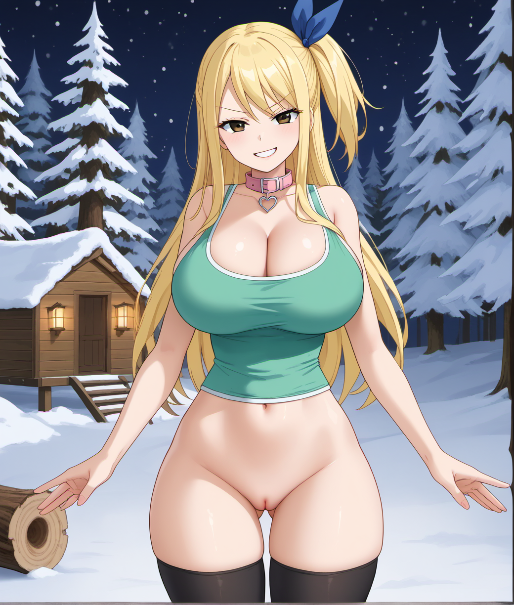 1woman ai_generated bare_pussy big_titties blonde_hair bottomless brown_eyes cabin dog_collar fairy_tail female forest forest_background gyaru half_naked kuro_inazuma large_breasts log_cabin lucy_heartfilia lustful_gaze night night_sky one_side_up pink_dog_collar public public_nudity seductive_look smug smug_grin snow snowbunny solo solo_female solo_focus stockings tank_top thighhigh_stockings thighhighs voluptuous