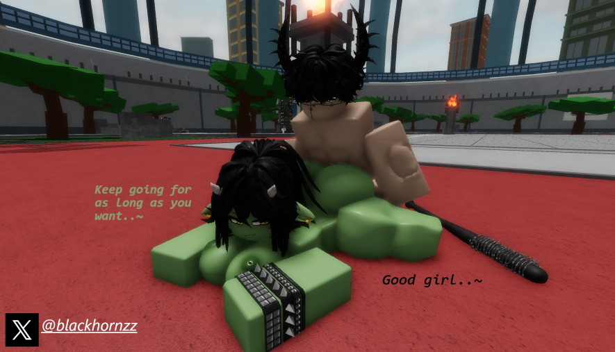 1boy 1girls 3d baseball_bat big_ass big_breasts black_hair blackhornzz brat bratty bratty_correction bratty_submissive defeat_sex dialogue doggy_style english_text goblin goblin_female green_skin heroes_battlegrounds horns long_hair naked prone_bone request roblox roblox_avatar roblox_game robloxian text thick_thighs twitter_username white_eyes yellow_eyes