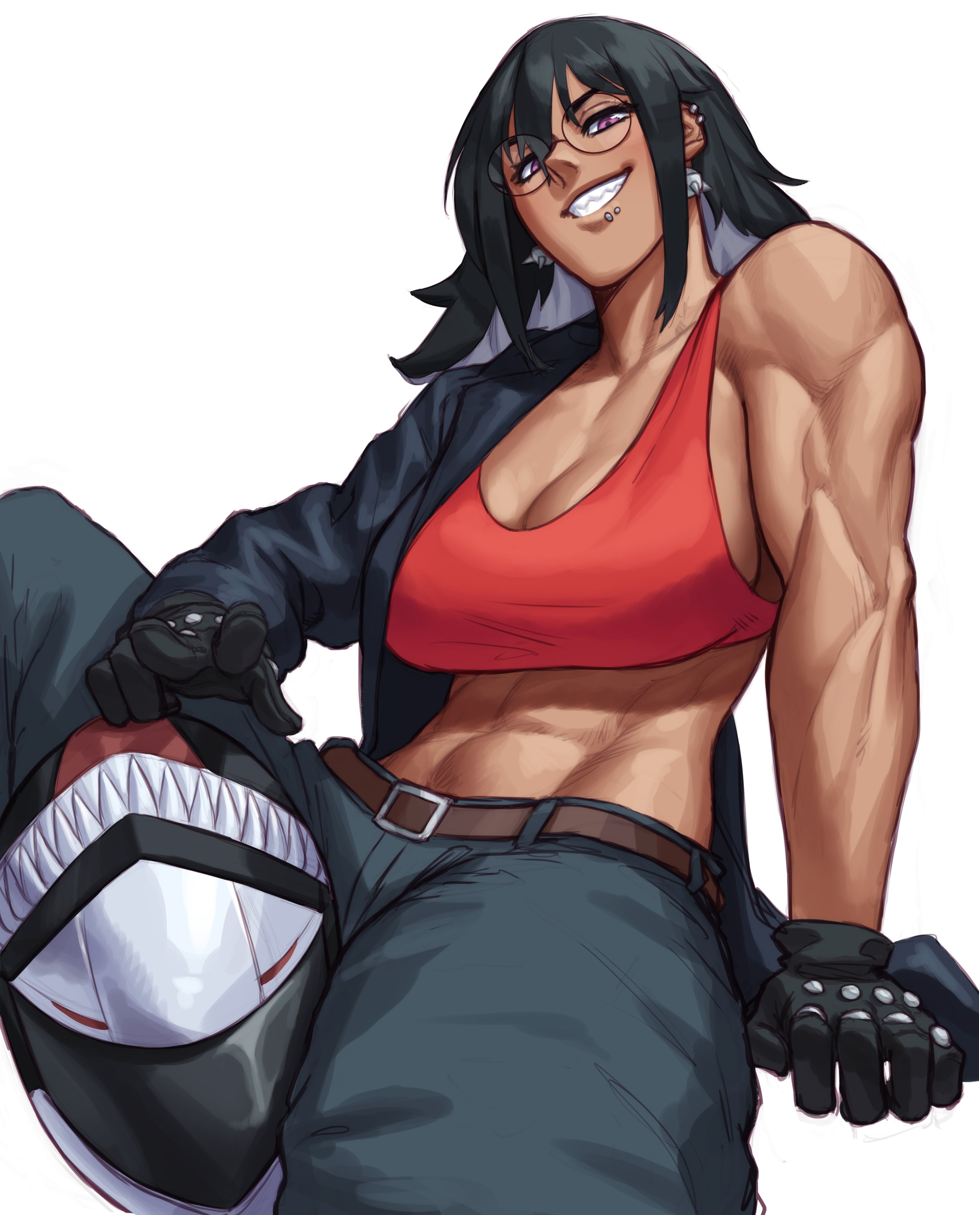 abs, absurdres, belt, biceps, black gloves, black hair, black jacket, brown belt, commission, dark skin, denim, ear piercing, earrings, female, glasses, gloves, grin, hair between eyes, helmet, highres, jacket, jeans, jewelry, lip piercing, looking at viewer, midriff, motorcycle helmet, muscular, muscular female, obliques, open clothes, open jacket, orange shirt, original, original character, pants, piercing, purple eyes, round eyewear, sharp teeth, shirt, sitting, smile, solo, sotcho, tank top, teeth, white background