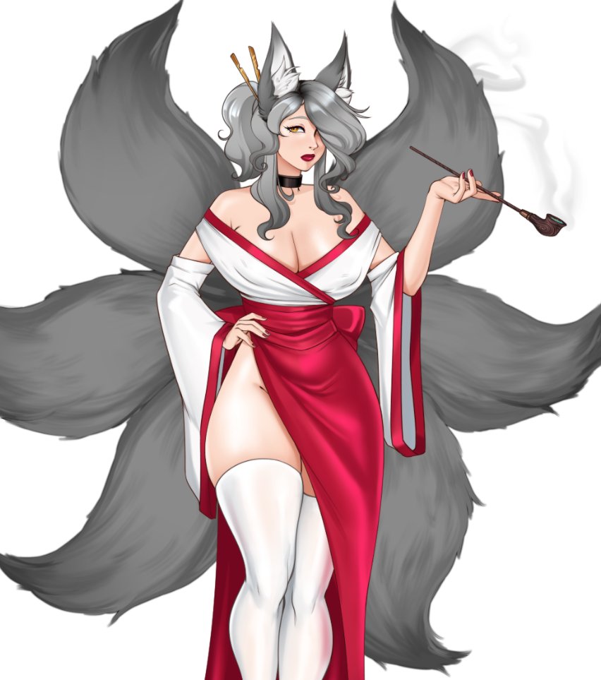 artwithmoira big_breasts choker cleavage corruption_of_champions_ii fox_ears fox_tail grey_hair kiseru kitsune mai_(coc2) nipple_bulge no_bra no_panties pipe red_lipstick shrine_maiden thick_thighs yellow_eyes