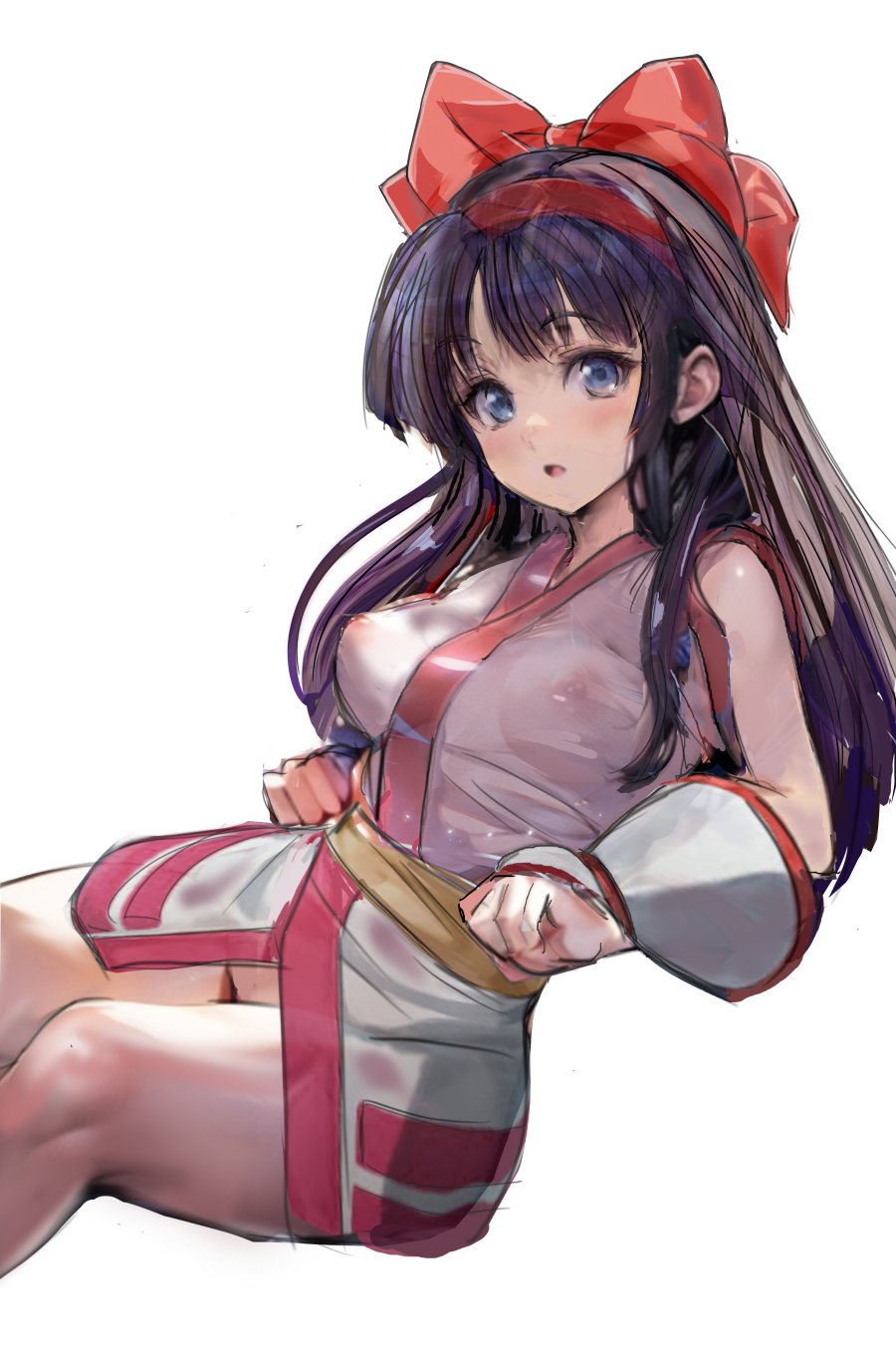 1girls ainu_clothes blue_eyes breasts female female_only fingerless_gloves gloves hair_ribbon highres king_of_fighters legs long_hair looking_at_viewer medium_breasts nakoruru nipples no_panties open_mouth pose posing purple_hair pussy pussy_peek ribbon samurai_shodown see-through_clothes sensual snk solo thick_thighs thighs tongue wet wet_clothes