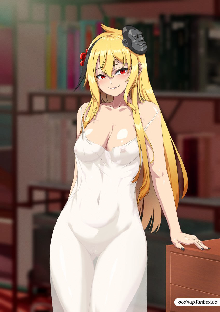 bare_shoulders blonde_hair blush breasts cleavage dress female highres hololive hololive_indonesia kaela_kovalskia large_breasts looking_at_viewer mask oodnap red_eyes see-through_clothes see-through_dress smile solo virtual_youtuber white_dress