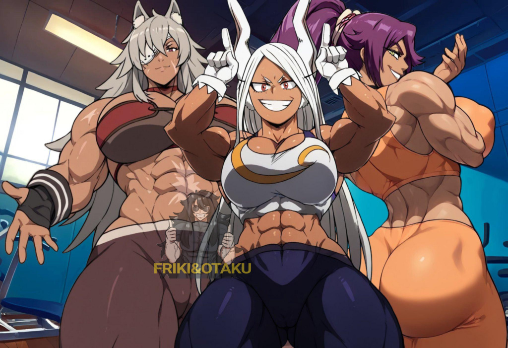 ai_generated blanket bleach friki8otaku ghislaine_dedoldia gym huge_breasts mirko muscular_anthro muscular_female mushoku_tensei my_hero_academia shihouin_yoruichi toned_female