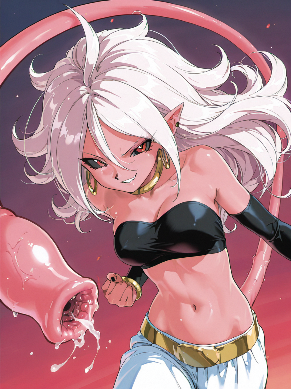 ai_generated android_21 anime_style dragon_ball dragon_ball_z pink_skin tail tail_pussy tail_vore white_hair