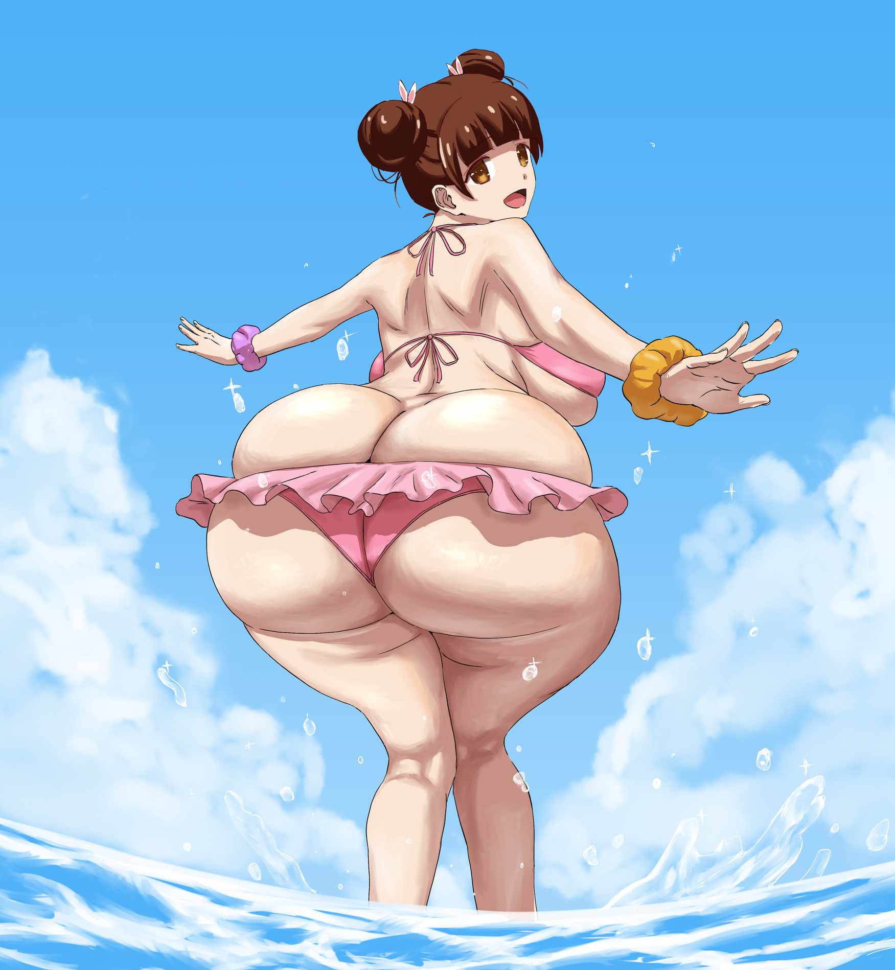 1girls, 5 fingers, ass, ass cleavage, ass focus, back, back view, bangs, bare shoulders, big ass, big breasts, big butt, bikini, breasts, brown eyes, brown hair, bubble butt, bursting butt, busty, butt crack, cloud, clouds, curvaceous, curvy, curvy female, curvy figure, day, daytime, double bun, fat ass, female, female focus, female only, fujinoki nene, hajimete no gal, huge ass, huge butt, human, large ass, large breasts, looking back, low-angle view, matsumaruyama, ocean, outdoors, outside, pink bikini, rear view, sideboob, solo, solo female, solo focus, swimming, swimsuit, swimwear, tagme, thick ass, thick thighs, thighs, viewed from behind, voluptuous, voluptuous female, water