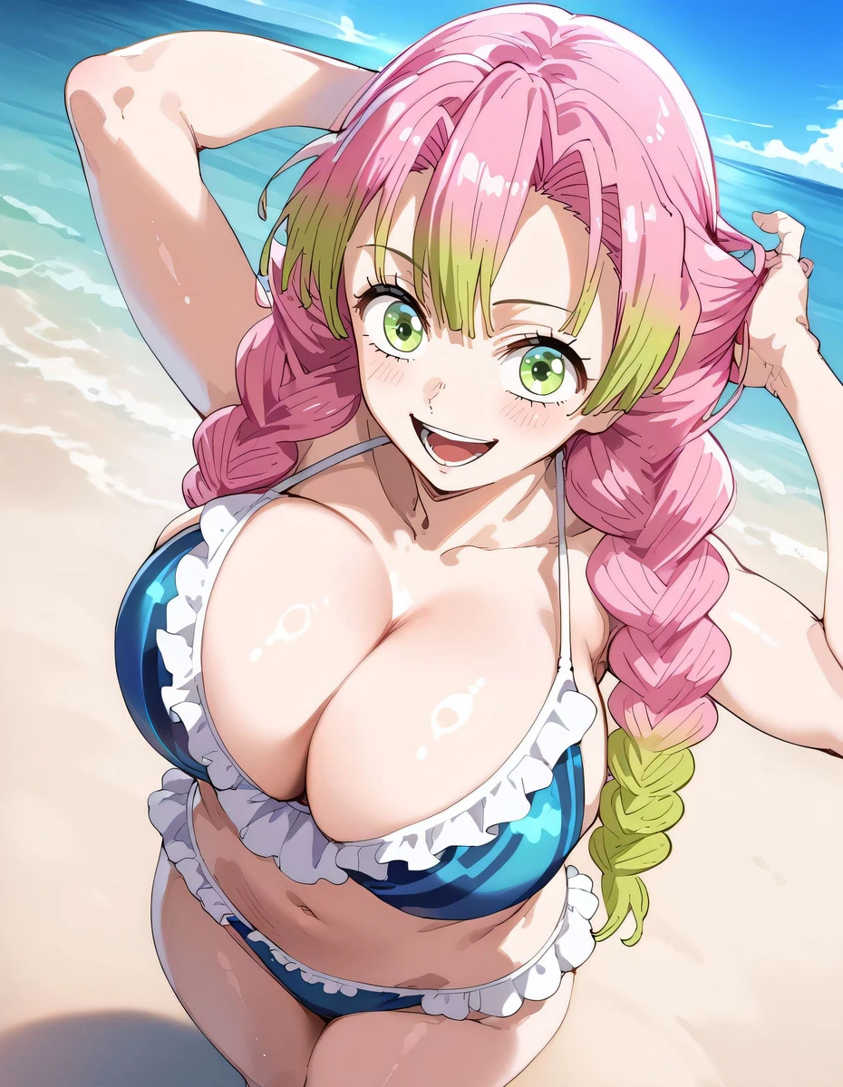 ai_generated bare_thighs beach bikini braided_ponytail demon_slayer gigantic_breasts green_eyes huge_breasts huge_thighs kanroji_mitsuri kimetsu_no_yaiba light-skinned_female light_skin looking_at_viewer massive_breasts multicolored_hair pink_hair smiling solo_female squatting sweat sweatdrop thick_body thick_female thick_thighs thighs voluptuous voluptuous_female zenzen