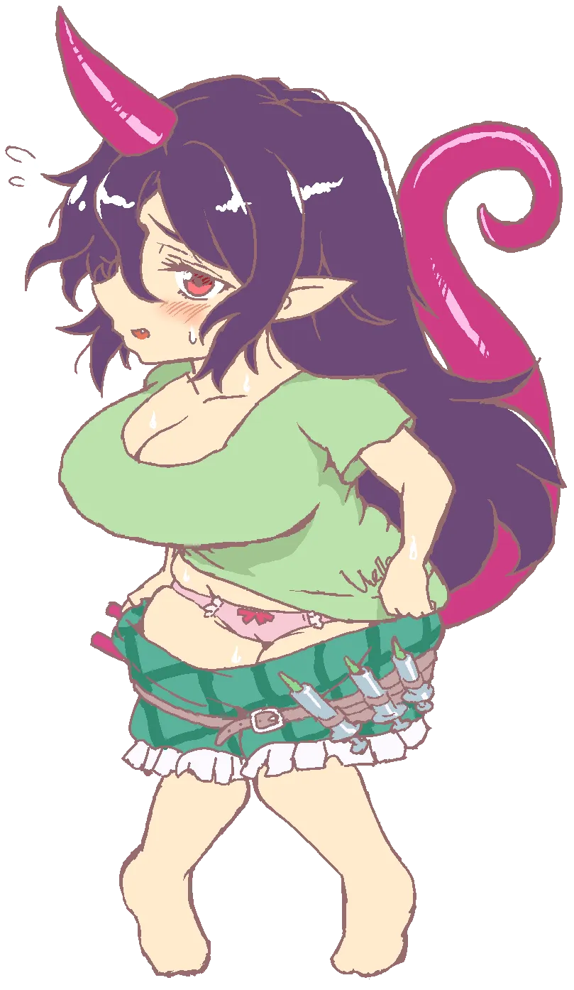 1girls accurate_art_style artist_request barefoot chibi chibi_only chibi_style cleavage collarbone erotic_chibi green_shirt green_shorts gyate_gyate horn long_hair looking_at_viewer meme open_mouth panties pink_panties plaid_shorts pointy_ears purple_hair purple_horn purple_tail red_eyes shirt single_horn solo source_request tail tenkajin_chiyari thick_thighs touhou transparent_background