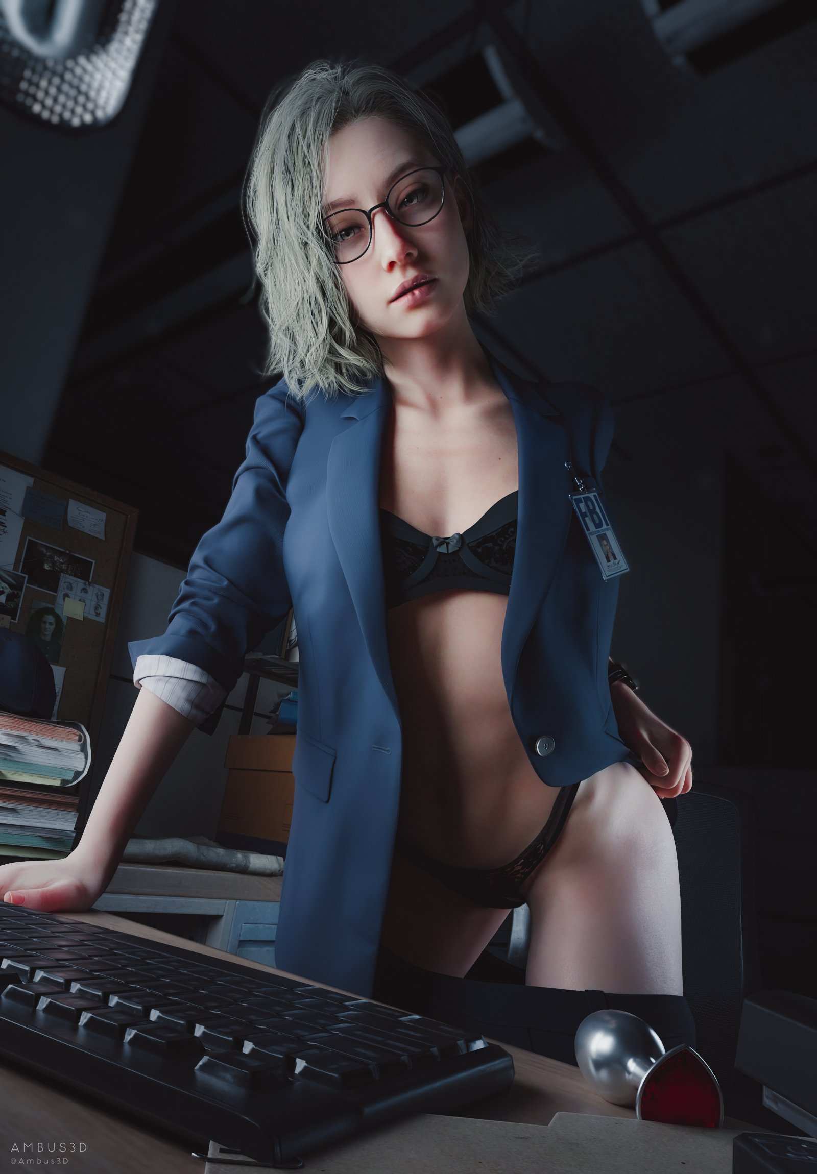 1girls, 2026, 3d, ambus3d, blonde hair, bra, breasts, buttplug removed, detailed background, eyeglasses, eyewear, fbi badge, female, grace ashcroft, hip tilt, in-game background, in-universe location, indoors, jacket, leaning forward, leaning on desk, legs apart, light makeup, lipstick, looking at viewer, mascara, medium breasts, megane, navel, nipples, nude, nude female, office desk, panties, pants, pants down, pink lipstick, platinum blonde hair, resident evil, resident evil 9: requiem, ribbon bra, solo, standing, suit jacket, yellow eyes
