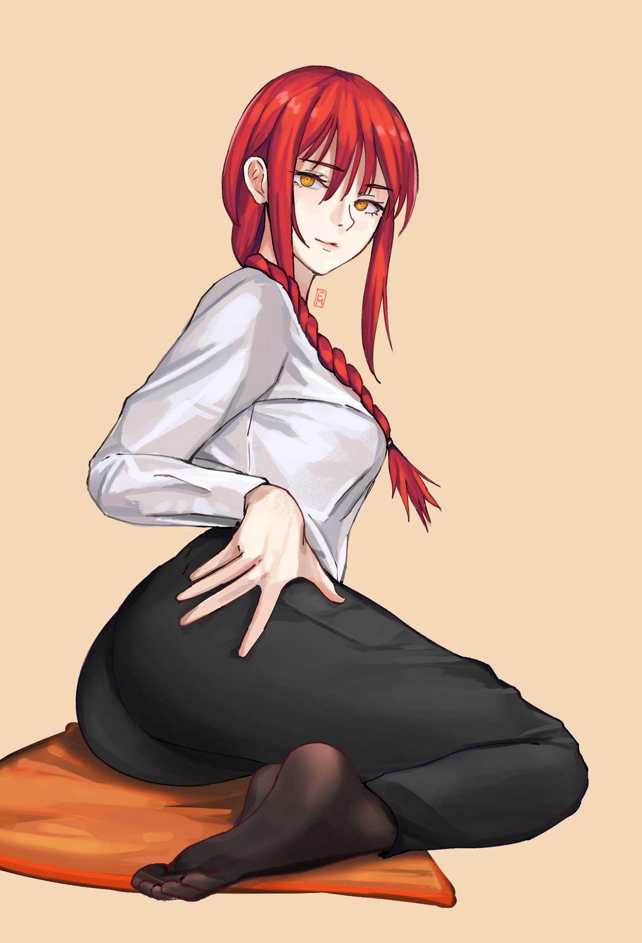 ass, ass focus, bangs, black necktie, black pants, braid, braided ponytail, breasts, business suit, chainsaw man, closed mouth, curvy, eyebrows visible through hair, feet, female, firex, formal, full body, hand on hip, high-waist pants, highres, hip focus, light smile, lips, long hair, looking at viewer, makima (chainsaw man), mappa, narrow waist, necktie, office lady, pants, pantyhose, red hair, ringed eyes, shirt, shirt tucked in, shounen jump, simple background, sitting, smile, socks, solo, suit, wide hips, yellow eyes