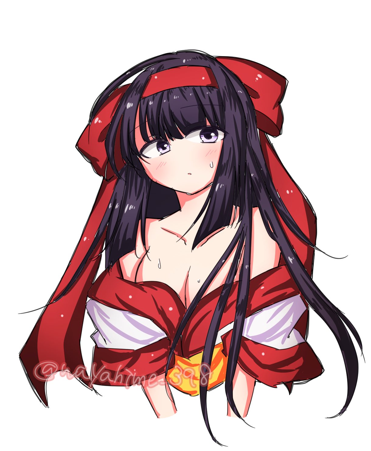 1girls ainu_clothes artist_name bare_shoulders big_breasts blush breasts busty cleavage clothes_pull female female_only hair_ribbon highres king_of_fighters large_breasts long_hair nakoruru parted_lips purple_eyes purple_hair ribbon samurai_shodown snk solo sweat