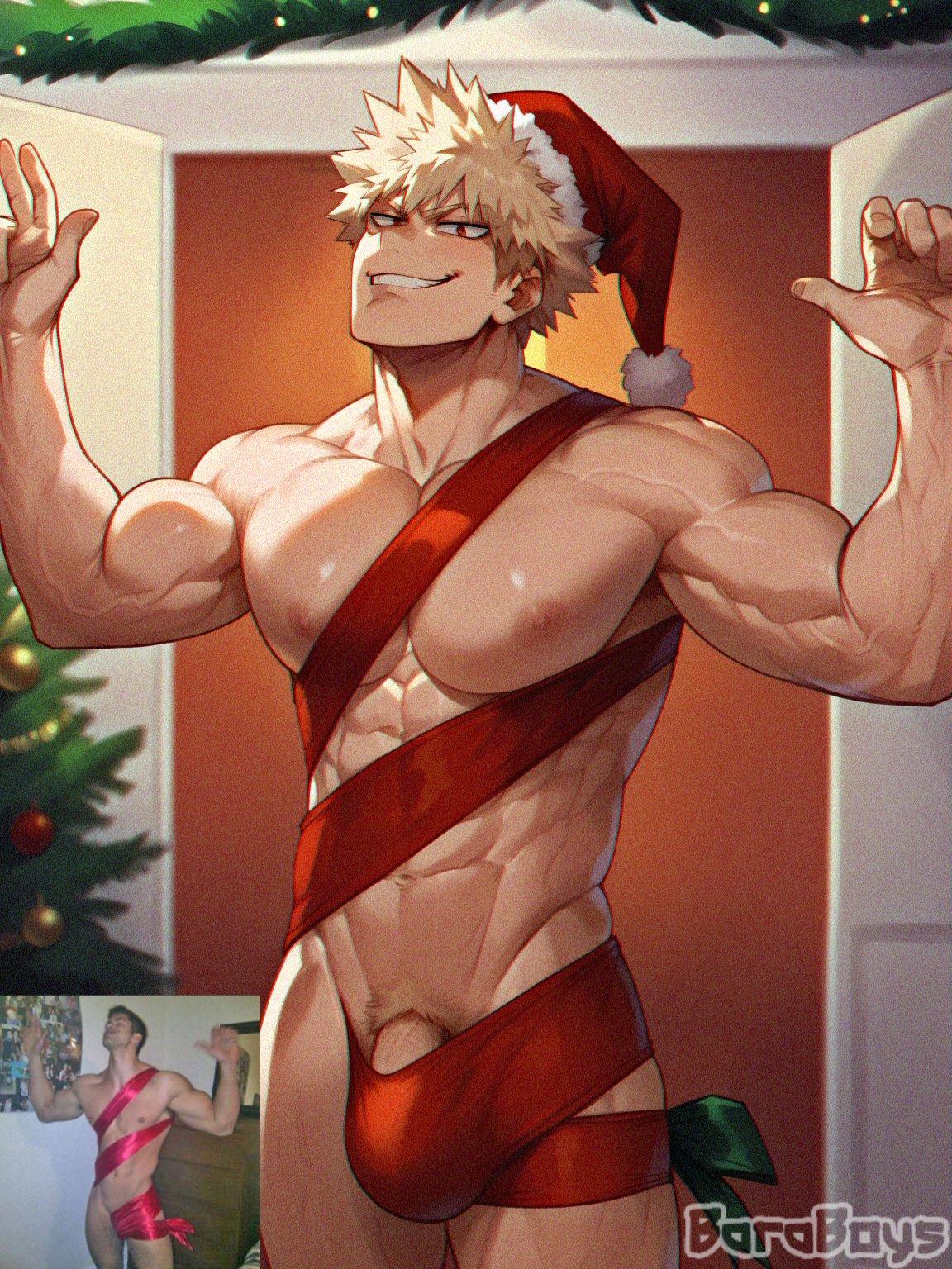 ai_generated bakugou_katsuki baraboys bulge christmas_clothing erection katsuki_bakugou male male_only muscular muscular_male my_hero_academia