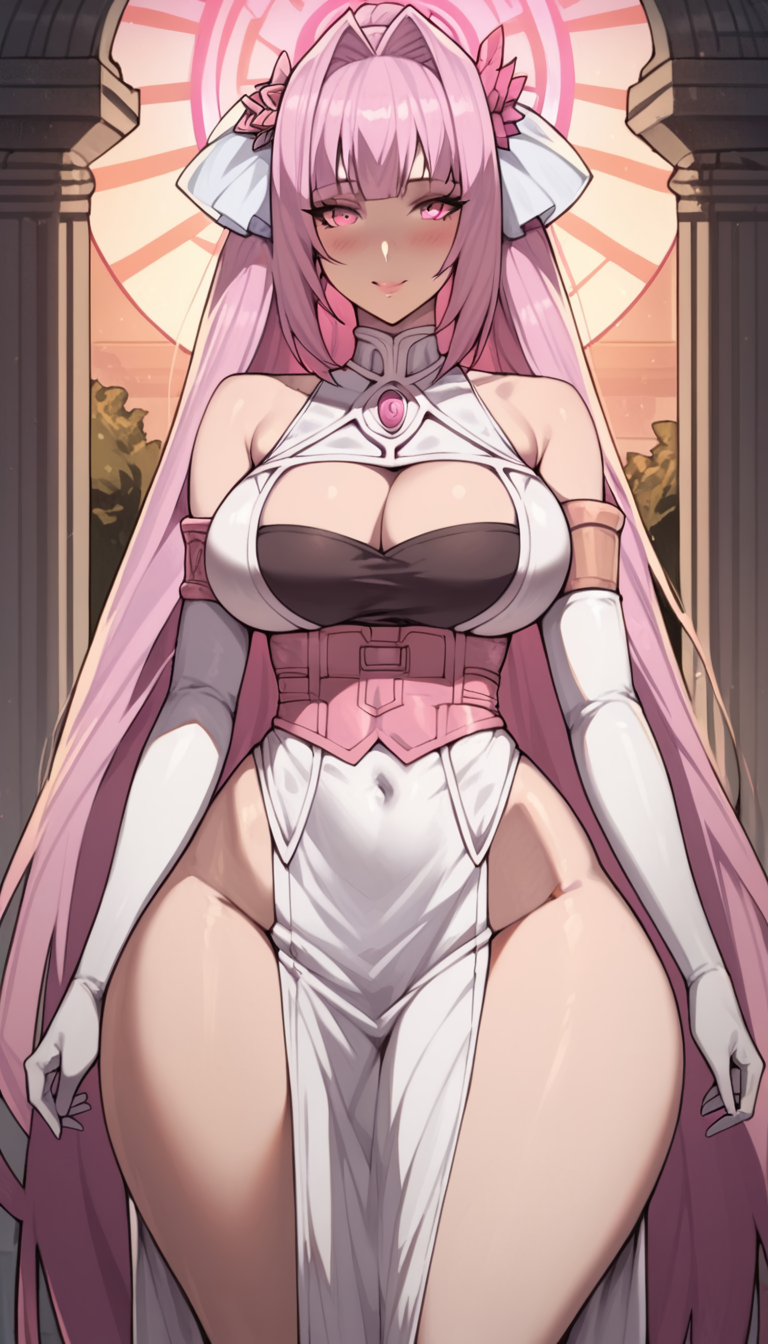 1girls ai_generated angel_white(maou-sama_retry) ass blat_0 blush female gloves long_hair looking_at_viewer maou-sama_retry neckline pink_hair red_eyes solo thick_thighs thighs