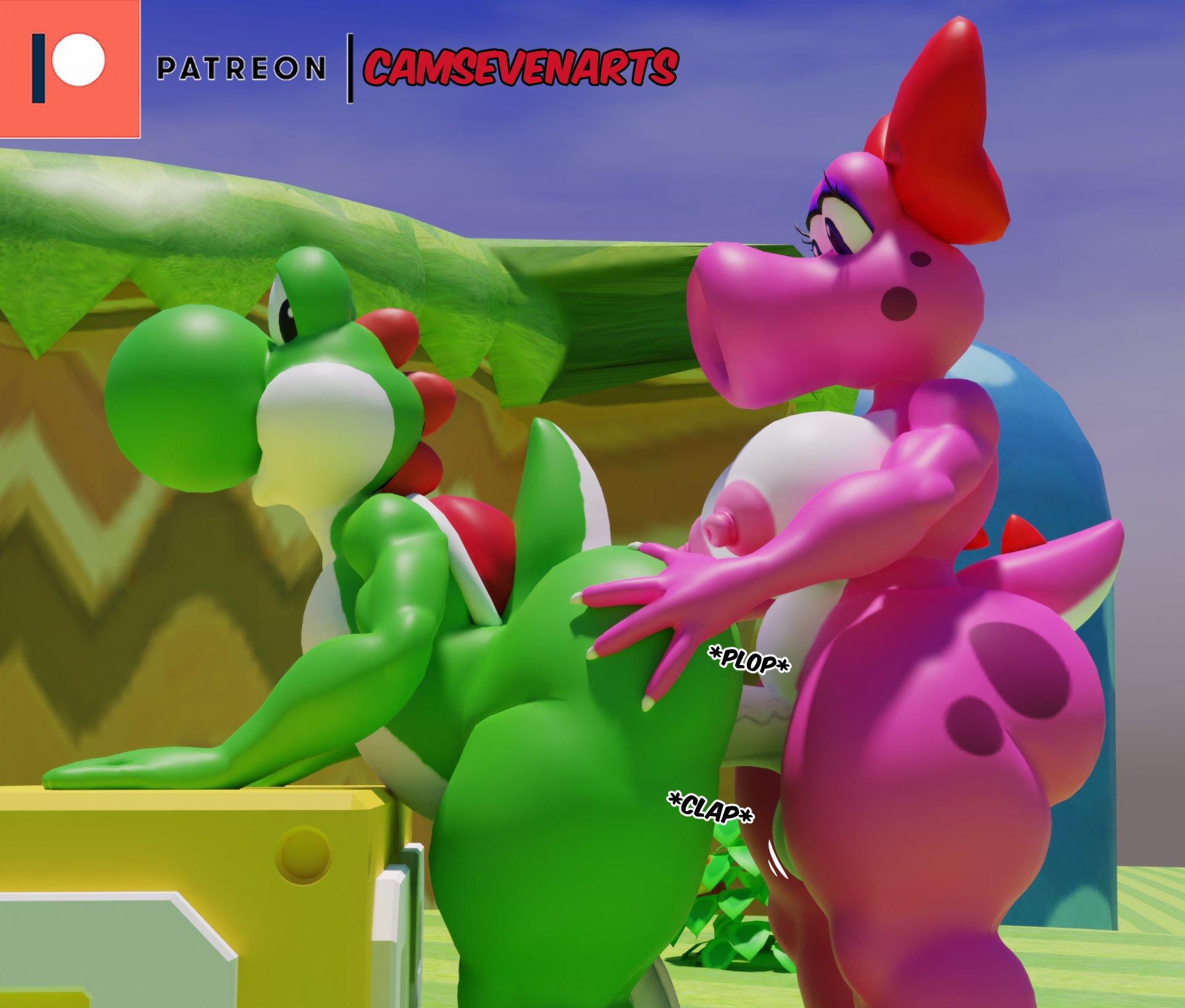 1boy, 1futa, 3d, 3d (artwork), ass, big ass, big breasts, birdetta, birdo, breasts, camseven, dick, dickgirl, dickgirl/male, futa on male, futanari, huge ass, intersex, intersex/male, kabalmystic (style), male, mario (series), nintendo, nipples, penis, sex, super mario bros., tagme, yoshi