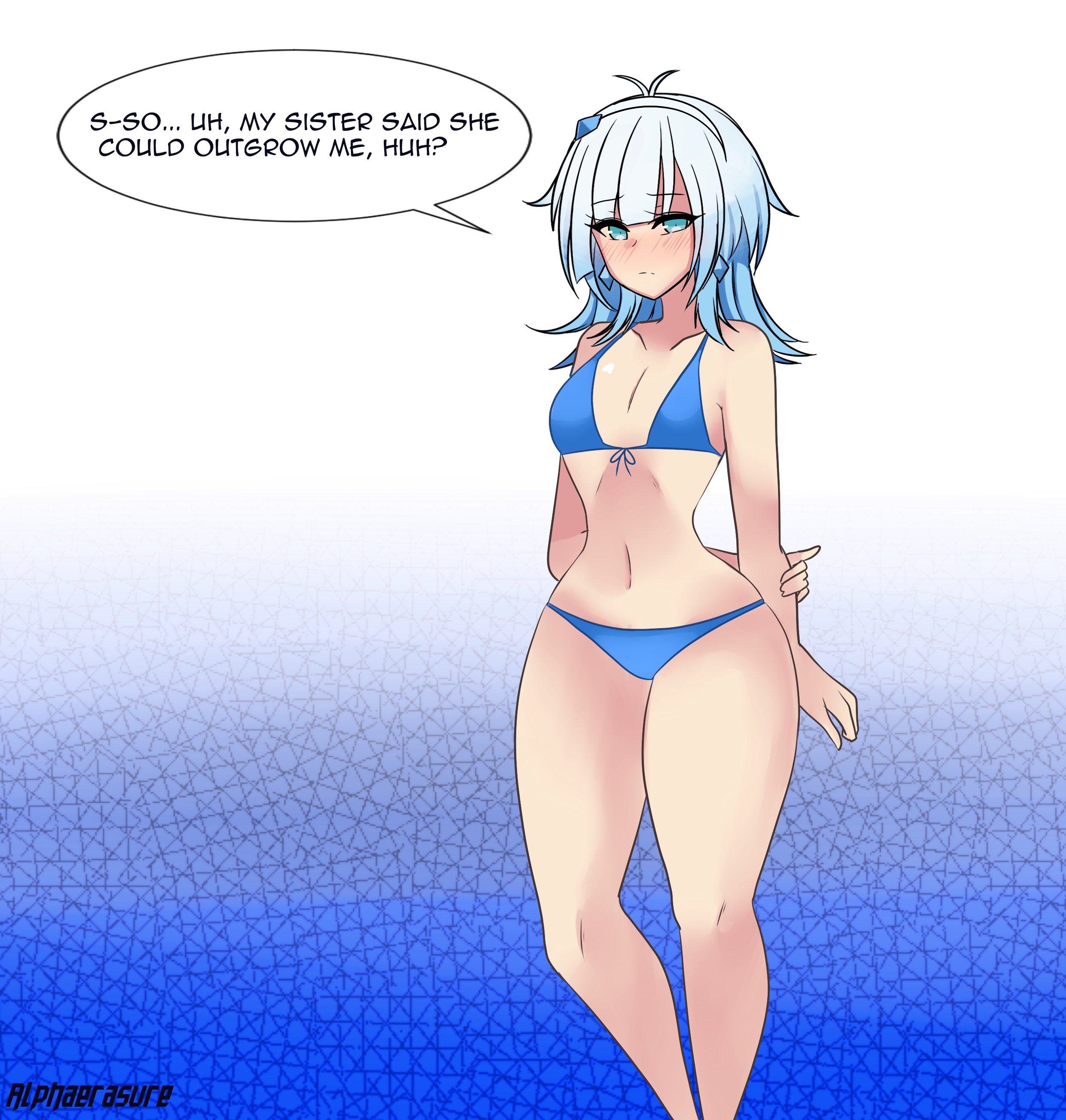 alphaerasure, ass expansion, blue bikini, blue eyes, blue hair, breast expansion, breast growth, breast growth (enlargement), breasts, dialogue, expansion, female, imminent expansion
