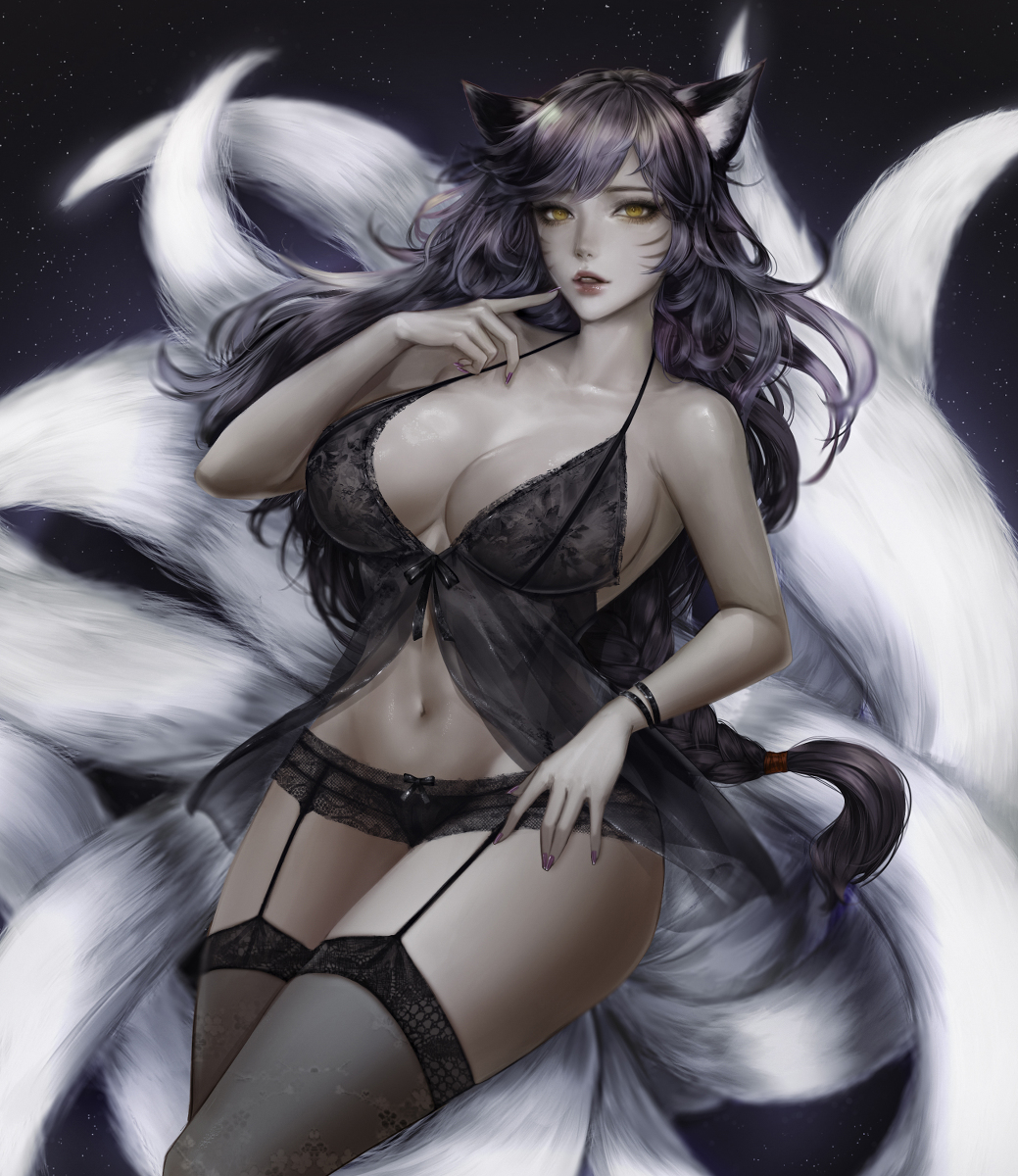 ahri, animal ear fluff, animal ears, animal girl, big breasts, black hair, breasts, busty, child bearing hips, cleavage, clothing, curvaceous, curves, curvy, curvy body, curvy female, curvy figure, curvy hips, eyelashes, eyeliner, eyeshadow, facial markings, female, fluffy, fluffy ears, fluffy tail, fluffy tails, fox, fox ears, fox girl, fox tail, furry tail, glistening, glistening body, glistening breasts, glistening hair, glistening skin, hips, hourglass figure, huge breasts, humanoid, inner ear fluff, kemonomimi, kitsune, large breasts, league of legends, light skin, light-skinned female, lips, lipstick, lohel, long hair, massive breasts, multi tail, nine tailed fox, pale skin, pale-skinned female, riot games, tail, thick thighs, thighs, vastaya, video games, voluptuous, wide hips, yellow eyes