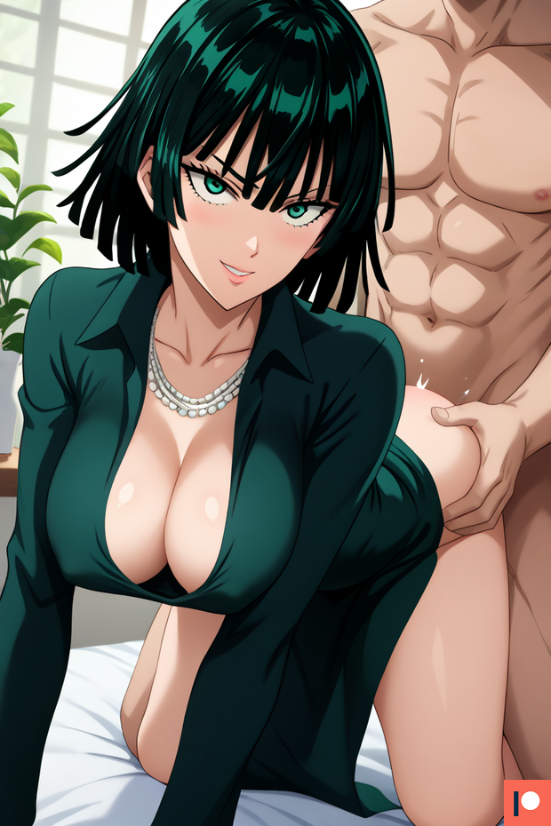 1girl1boy ai_generated bed bedroom big_breasts cleavage doggy_style doggy_style doggystyle_position dress fubuki_(one-punch_man) green_eyes green_hair indoors_sex looking_at_viewer muscular_male necklace one-punch_man patreon sex short_hair smile taken_from_behind