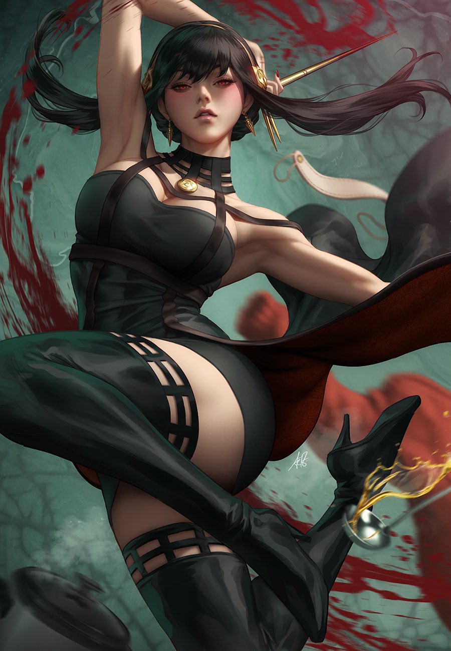 1girls artgerm assassin big_ass big_breasts black_hair censored clothed clothing dress female female_only heels latex light-skinned_female looking_at_viewer red_eyes solo solo_female spy_x_family stiletto_(weapon) stocking thick_thighs thighhighs thorn_princess yor_briar yor_forger