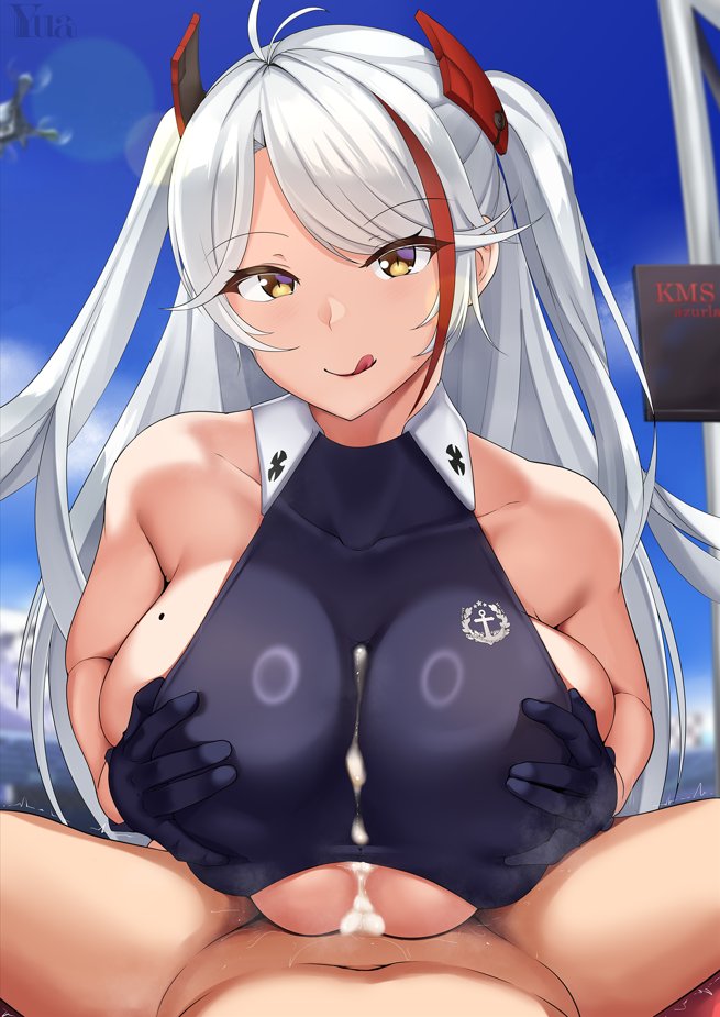 1boy :q after_ejaculation after_paizuri ahoge azur_lane black_gloves blue_sky breasts closed_mouth commission cum cum_in_clothes cum_on_body cum_on_breasts drone eyebrows_visible_through_hair female gloves hair_ornament iron_blood_(emblem) large_breasts lens_flare licking_lips long_hair looking_at_viewer mole mole_on_breast multicolored_hair official_alternate_costume outdoors paizuri paizuri_under_clothes pov pov_crotch prinz_eugen_(azur_lane) prinz_eugen_(final_lap)_(azur_lane) red_hair sky smile solo_focus straight streaked_hair tongue tongue_out two_side_up white_hair yellow_eyes yua_respati