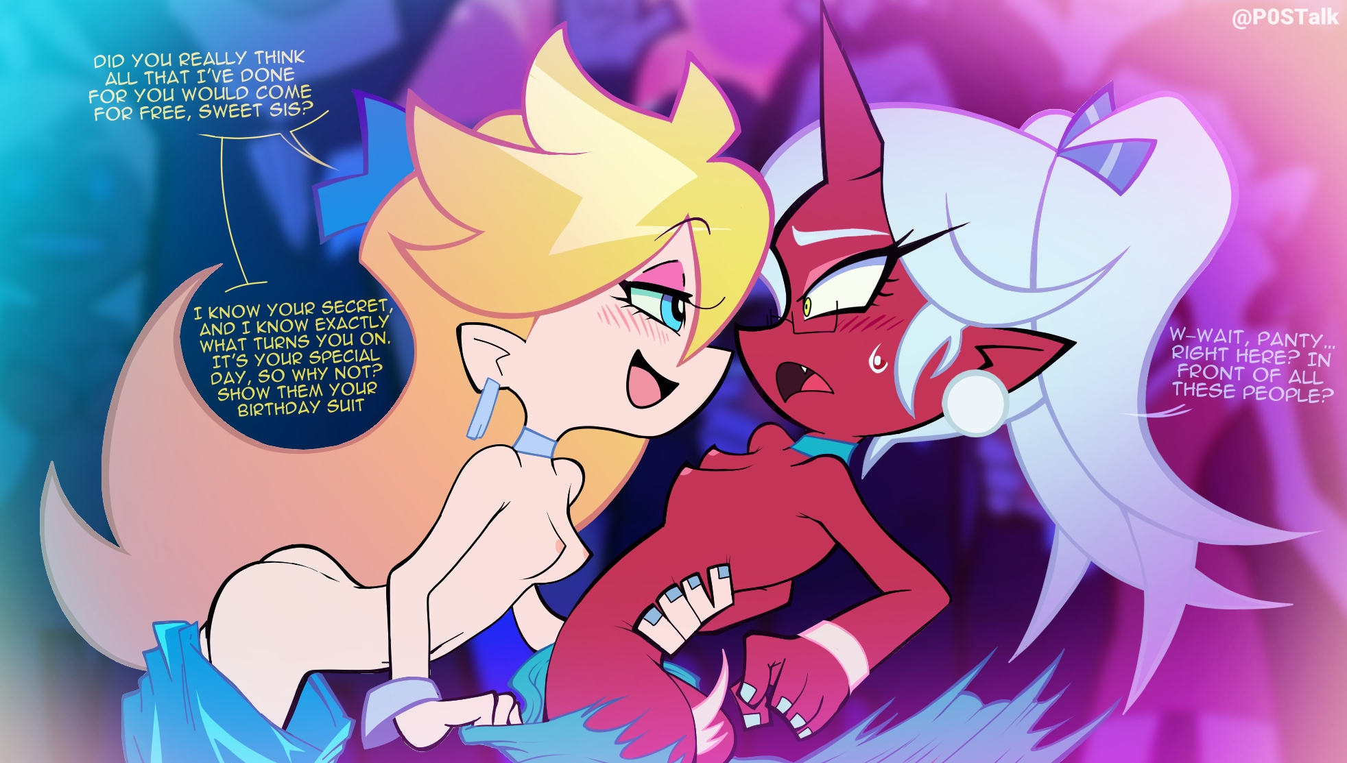 ///, 2girls, angel, bangs, breasts, choker, dance, demon, earrings, eyeshadow, female, hair over one eye, hair ribbon, horn, kneesocks daemon, mascara, new panty & stocking with garterbelt, nipples, p0stalk, panty & stocking with garterbelt, panty anarchy, party, perky breasts, public, public exposure, public indecency, public nudity, school, skinny, small breasts, tagme, torn clothes, torn dress, undressing another, undressing self, yuri