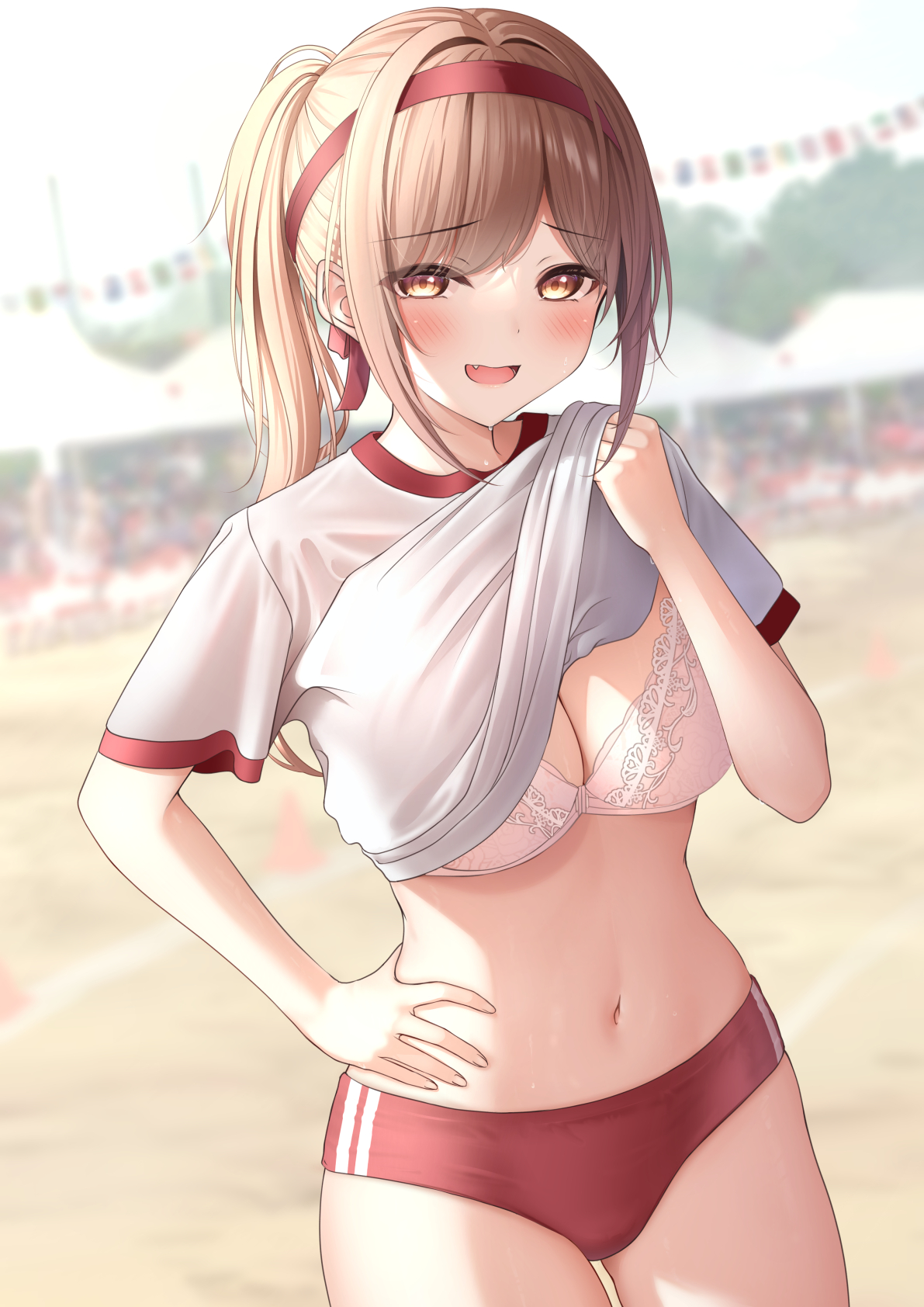 amber eyes, bangs, blurry, blurry background, blush, bra, breasts, brown eyes, brown hair, buruma, clothes lift, commentary, commentary request, cowboy shot, eyebrows visible through hair, female, hand on hip, highres, imouto-chan (monaka curl), long hair, looking at viewer, monaka curl, navel, original, outdoors, parted lips, pink bra, ponytail, red buruma, shirt, shirt lift, short sleeves, smile, solo, sweat, thighs, underwear, white shirt
