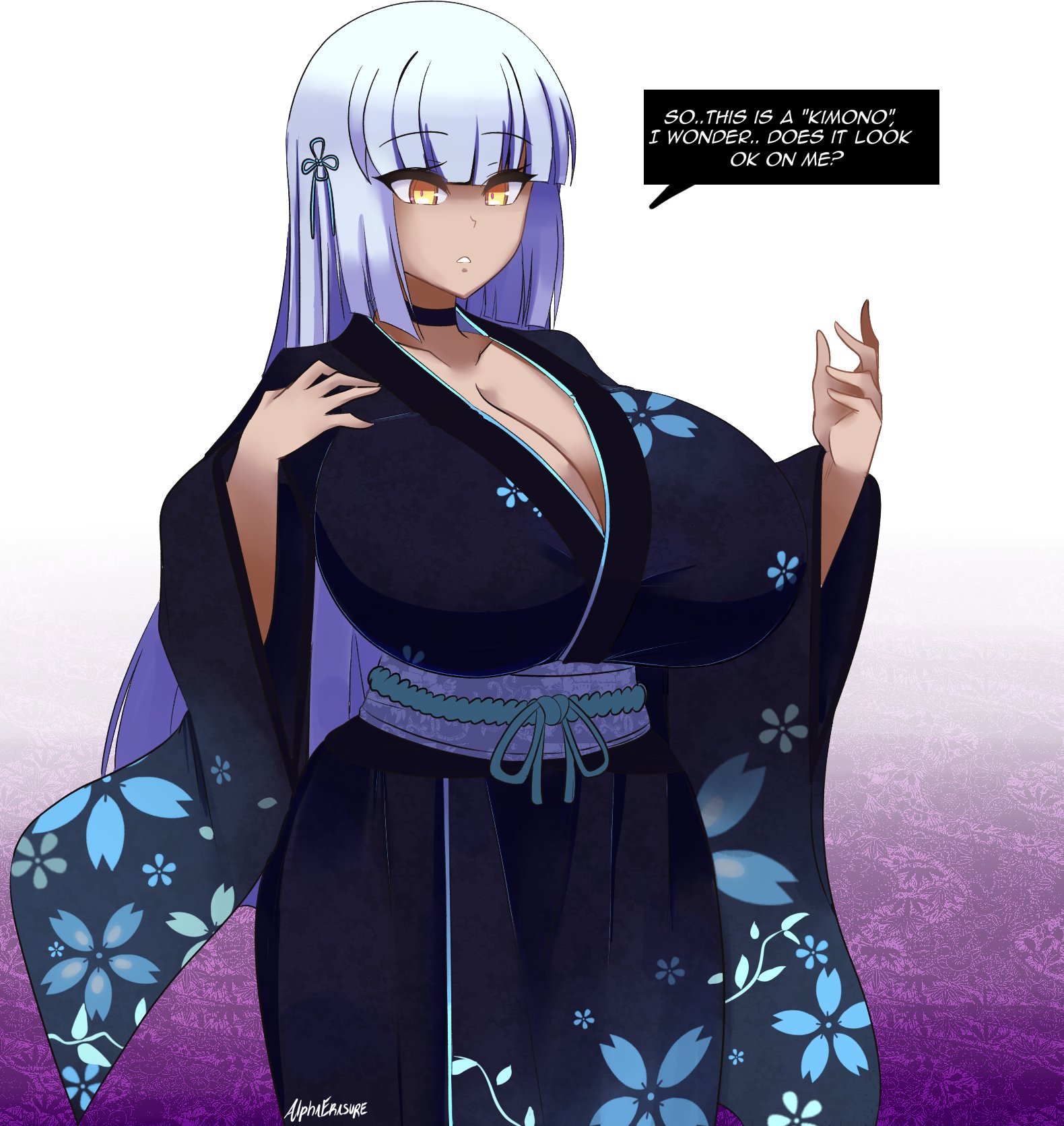 1girls, alphaerasure, big breasts, breast expansion, breast growth, breast growth (enlargement), breasts, dialogue, expansion, female, hyper breasts, imminent expansion, kimono, ruin (alphaerasure), yellow eyes