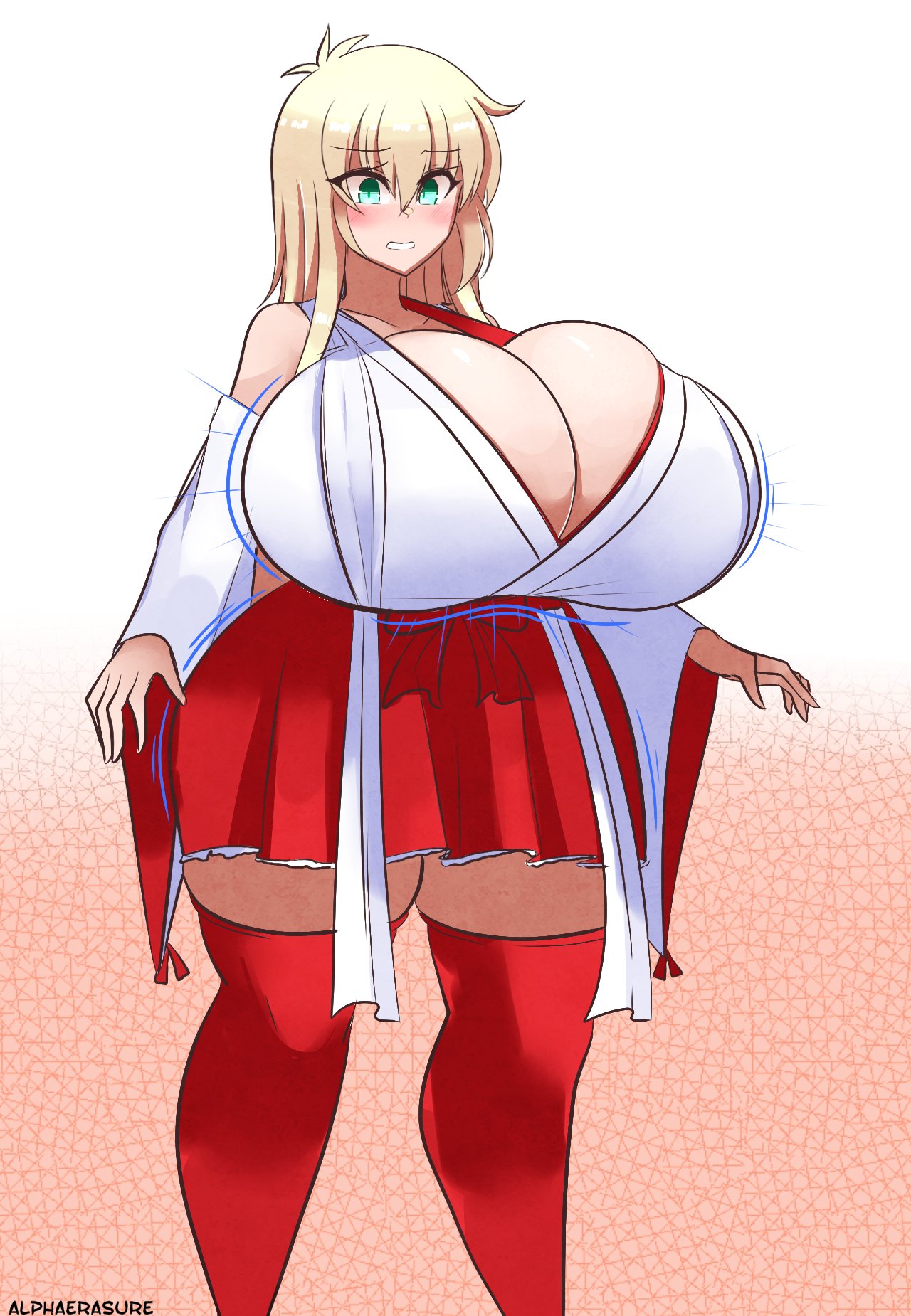 1girls, alphaerasure, ass expansion, big breasts, blonde hair, breast expansion, breast growth, breast growth (enlargement), breasts, female, green eyes, huge breasts, thighhighs