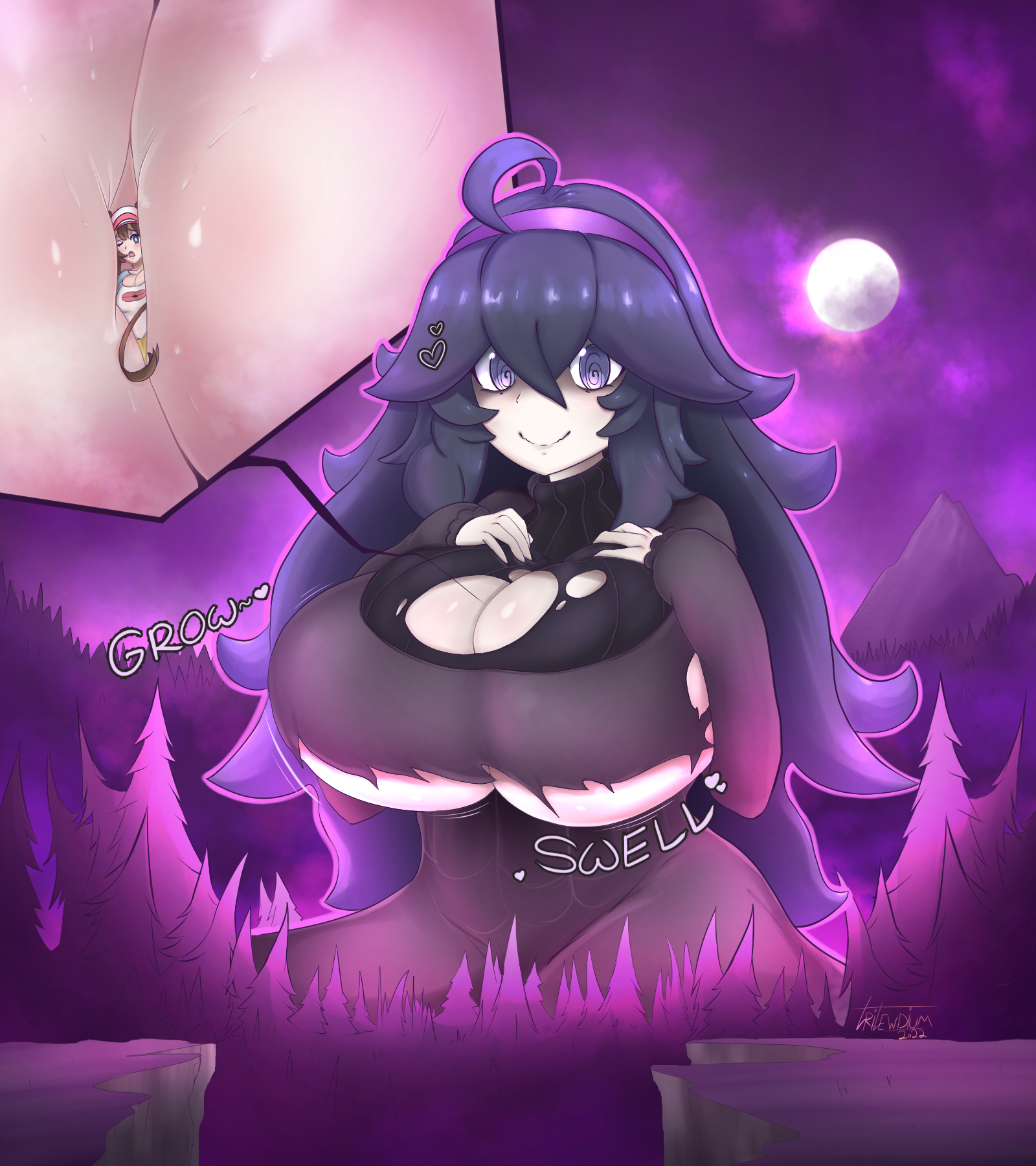 alternate breast size, big breasts, breast expansion, breast growth, breast growth (enlargement), breasts, female, giantess, growth, hex maniac, huge breasts, human female, large breasts, pokemon, purple eyes, rosa (pokemon), smaller female, torn clothes, trilewdium, underboob, wardrobe malfunction