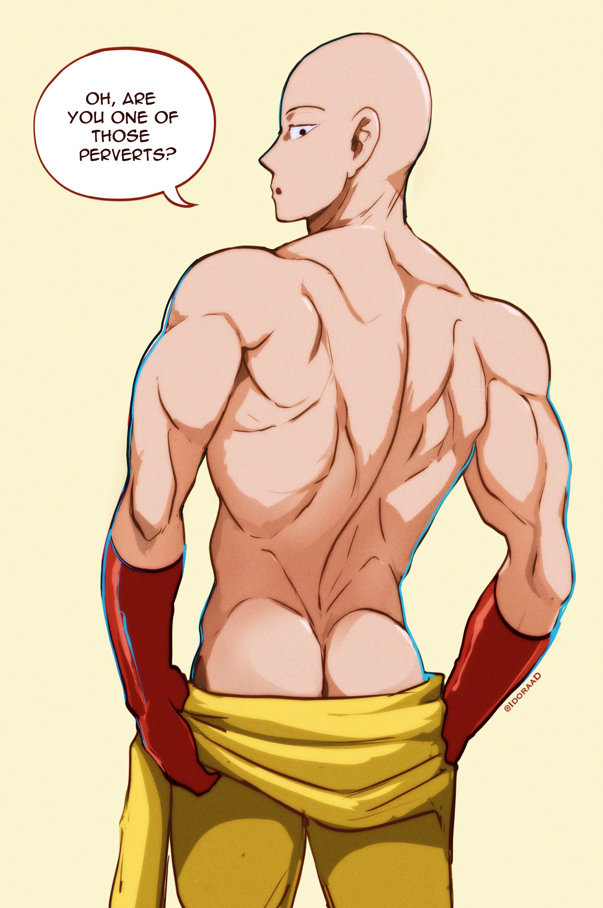 1boy, ass, back muscles, bald, exposed ass, gay, gay male, gloves, idoraad, judging, lilprincyvi, looking at viewer, looking back, male, male focus, male only, muscles, muscular, muscular back, one-punch man, pulling down pants, red gloves, saitama, solo, solo male, towel, yaoi