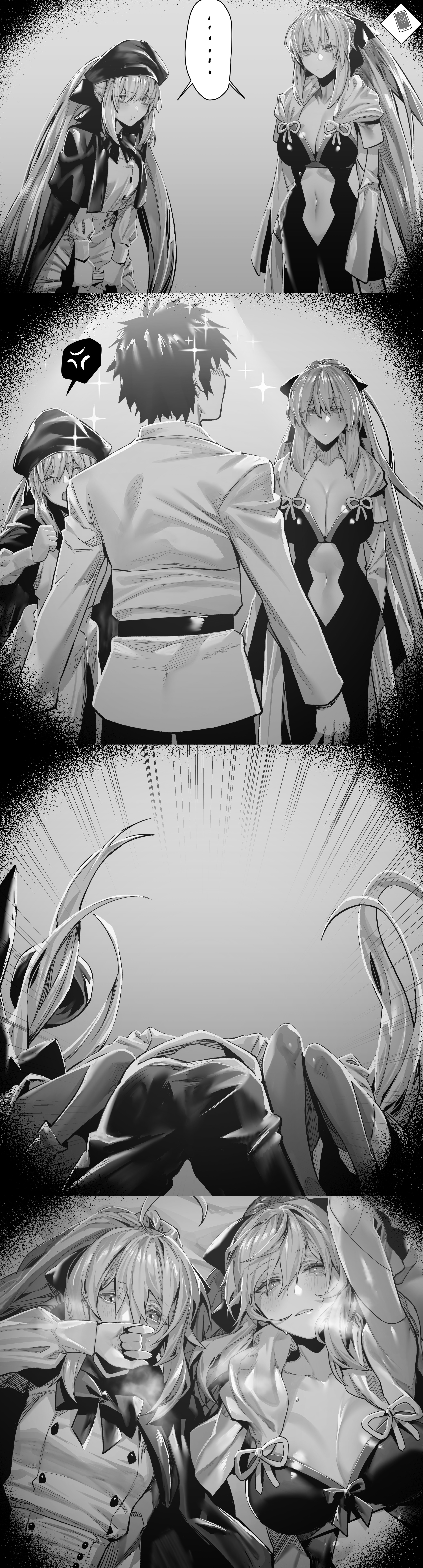 ..., 1boy, 2girls, absurd res, anger vein, armpit, artoria pendragon (caster), bangs, beret, blush, bow, braid, breasts, cape, cleavage, covering mouth, dress, fate (series), fate/grand order, female, french braid, fujimaru ritsuka (male), greyscale, hairbow, hat, heavy breathing, highres, hxd, imminent sex, large breasts, long hair, looking at viewer, lying, male, monochrome, morgan le fay (fate), navel, on back, pelvic curtain, ponytail, pout, sisters, small breasts, spoken anger vein, steamy breath, two-tone dress, wide sleeves