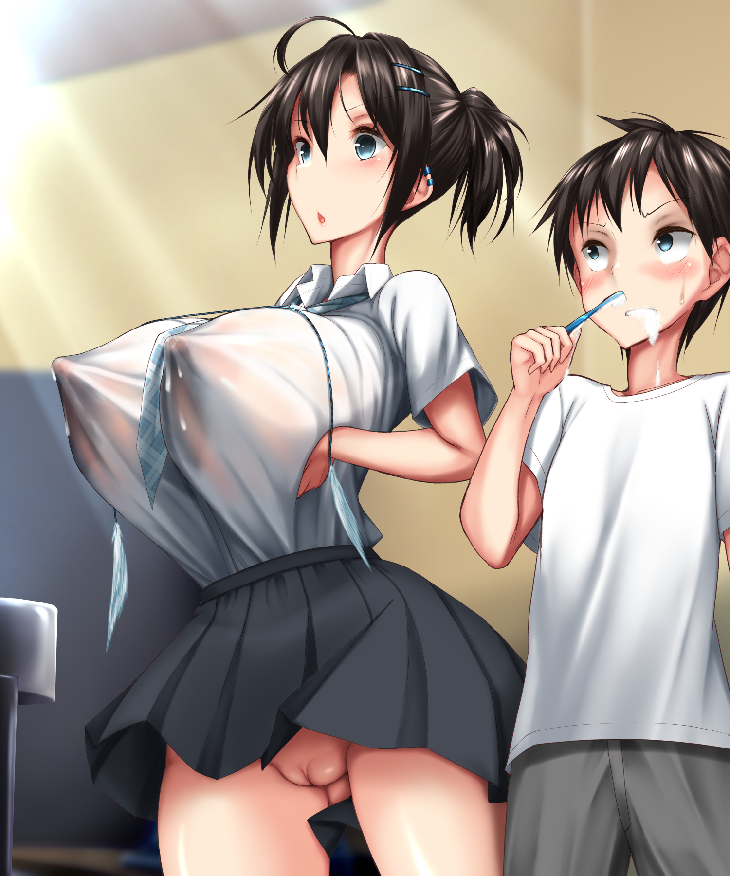 1boy, 1girls, black hair, female, huge breasts, kawahagitei, lactation, lactation through clothes, male, mizuki kawahagi, nipple bulge, nipples, nipples visible through clothing, original, original character, pussy, shota kawahagi, skirt, tagme
