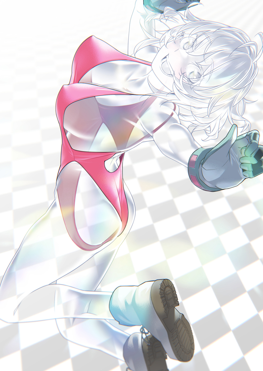 1girls, ass, big breasts, breasts, cameltoe, clothes, competition swimsuit, erect nipples, female, female only, footwear, gloves, hagakure tooru (visible), handwear, happy, highres, human, invisible, jumping, legs, my hero academia, nipples, nipples visible through clothing, open mouth, open smile, pink swimsuit, pussy, romnohito, see-through, shoes, short hair, smile, solo, swimsuit, thighs, tooru hagakure, tooru hagakure (visible), transparent body