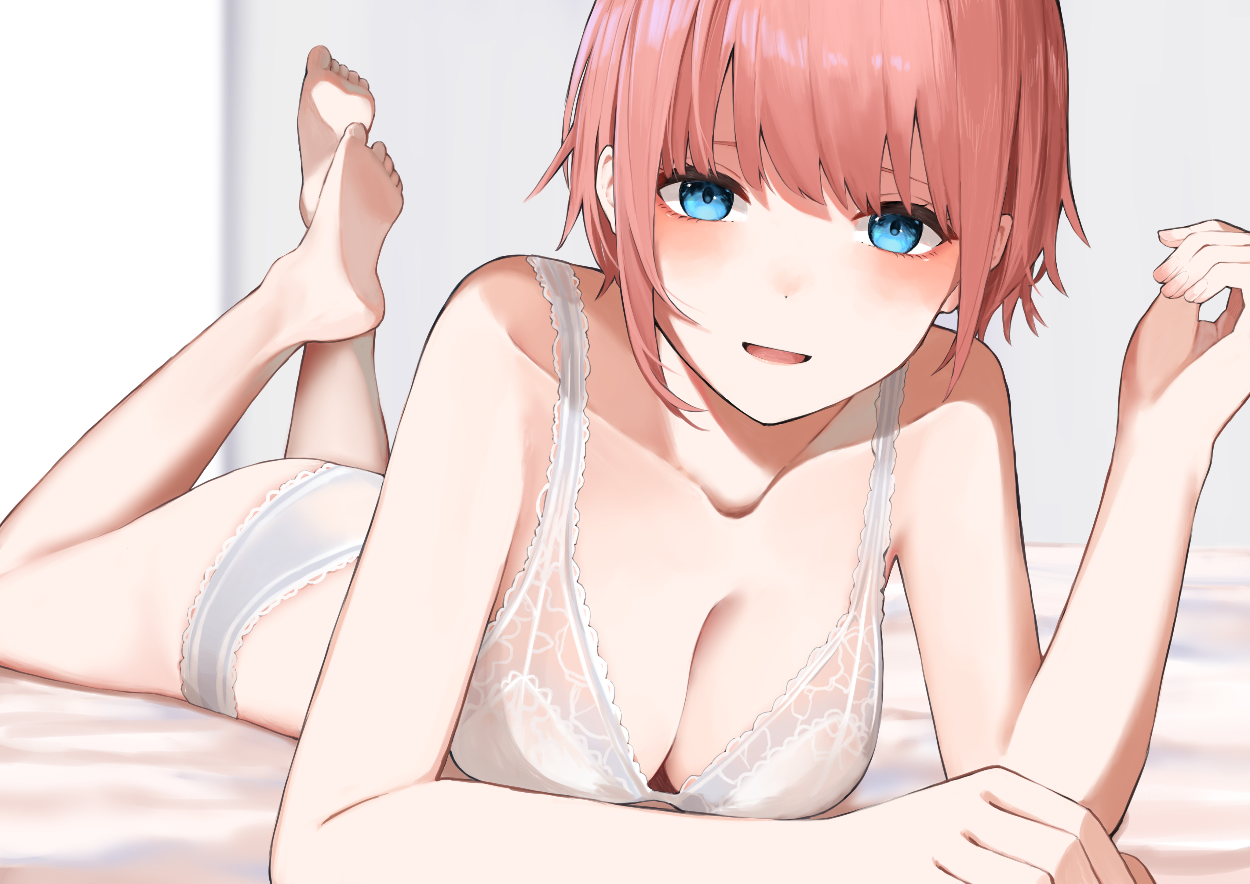 1girls, ass, big breasts, blue eyes, blush, bra, breasts, cleavage, collarbone, eye contact, feet, female, female only, go-toubun no hanayome, hands, happy, highres, jun30409972, lace-trimmed bra, lace-trimmed panties, legs, legs up, light skin, light-skinned female, looking at viewer, lying, lying on stomach, nakano ichika, on stomach, open mouth, panties, picot trim, picot trim bra, picot trim panties, pink hair, short hair, shoulders, smile, solo, white bra, white panties, wholesome