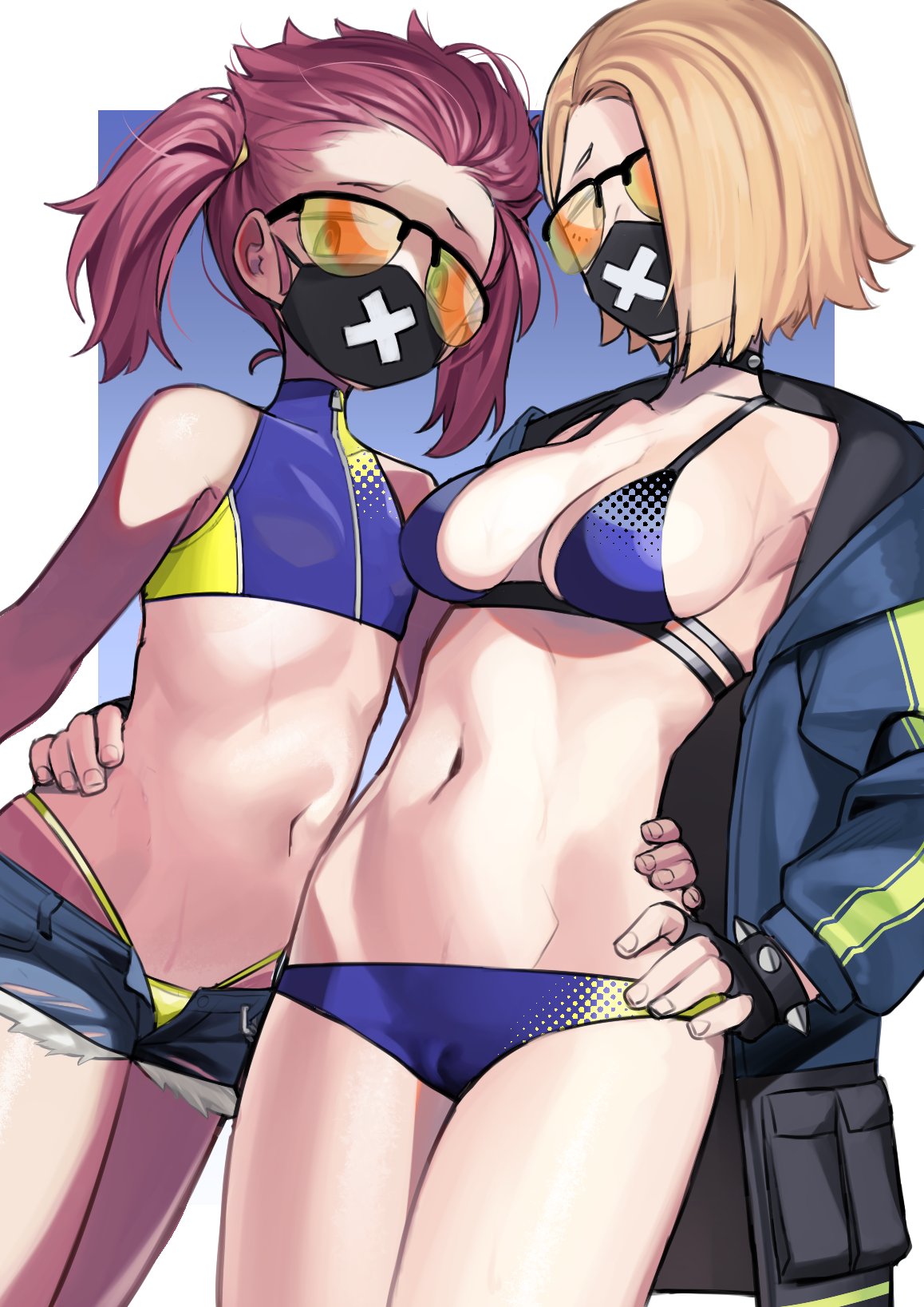 2girls bikini black-framed_eyewear black_gloves black_mask blonde_hair blue_archive blue_bikini bracelet breasts brown_hair choker denim denim_shorts fingerless_gloves gloves hand_on_another's_hip highres jacket jewelry looking_at_viewer looking_down mask medium_breasts micro_shorts miyamae_(miyazen9311) mouth_mask multiple_girls navel one-piece_tan open_clothes open_jacket open_shorts orange-tinted_eyewear seaside_sukeban_(mg)_(blue_archive) seaside_sukeban_(smg)_(blue_archive) semi-rimless_eyewear short_hair shorts spiked_bracelet spiked_choker spikes sunglasses swimsuit tan tanlines tinted_eyewear torn_clothes torn_shorts twintails yellow-tinted_eyewear