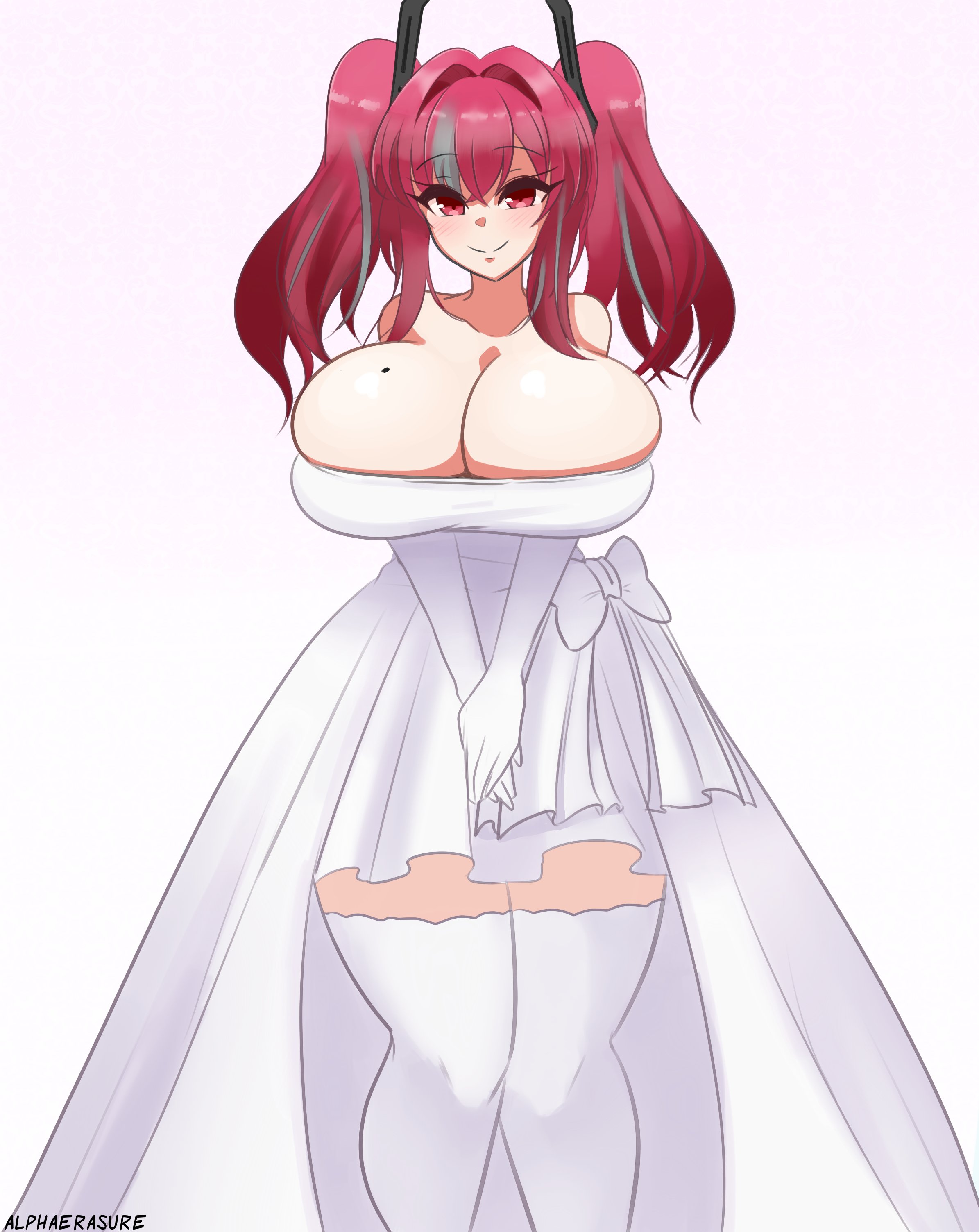 alphaerasure, azur lane, big breasts, breast expansion, breast growth, breast growth (enlargement), breasts, bremerton (azur lane), female, looking at viewer, thighhighs, wedding dress