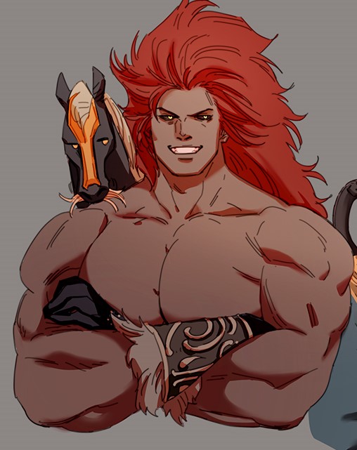 2boys bara big_pecs covering_nipples cropped deity demigod elden_ring falloutbart fromsoftware leonard_(elden_ring) male male_only more_at_source muscular_male nude solo_male starscourge_radahn topless topless_male