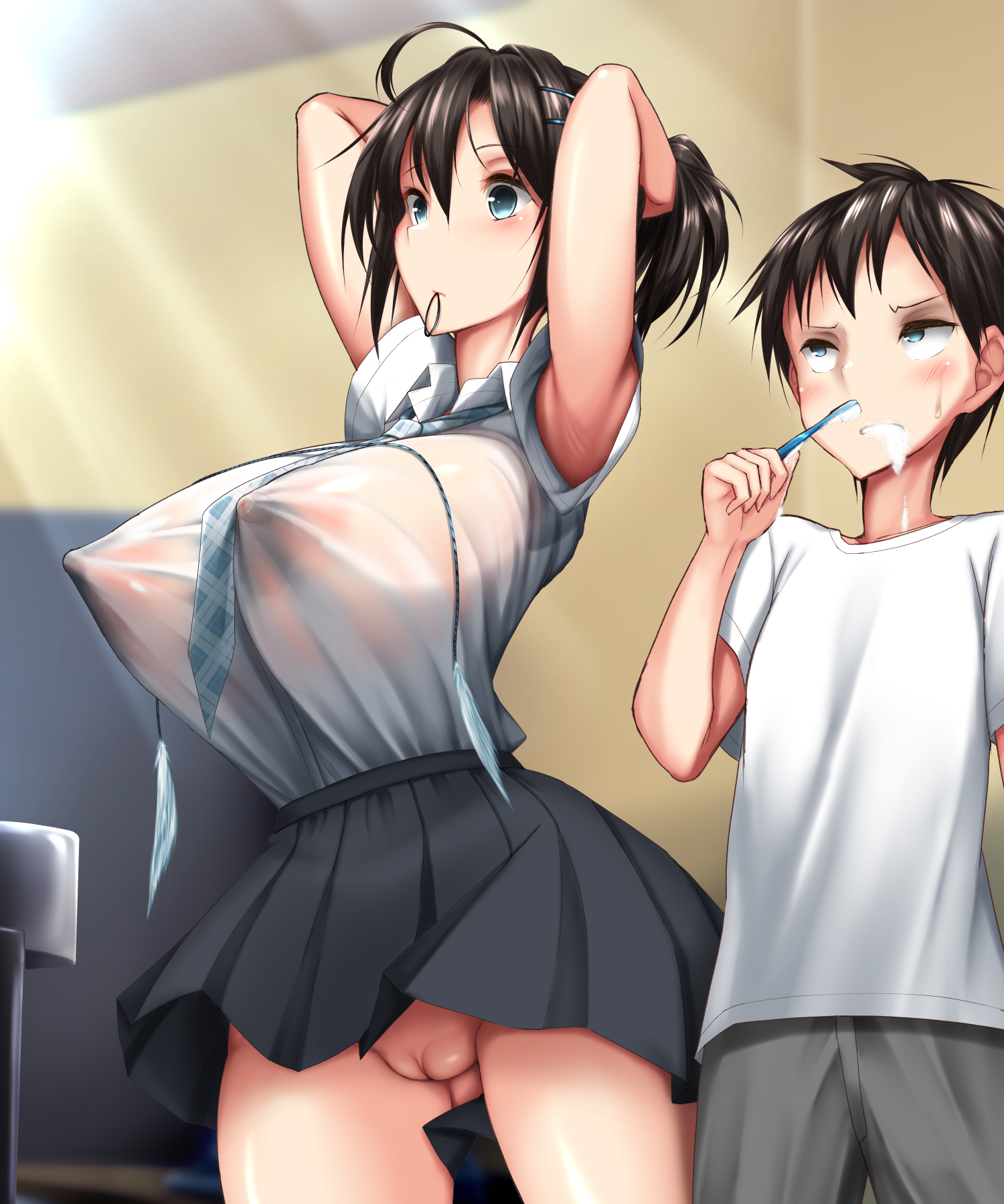 1boy, 1girls, black hair, female, hands behind head, kawahagitei, male, mizuki kawahagi, nipple bulge, nipples, nipples visible through clothing, original, original character, pussy, shota kawahagi, skirt, tagme