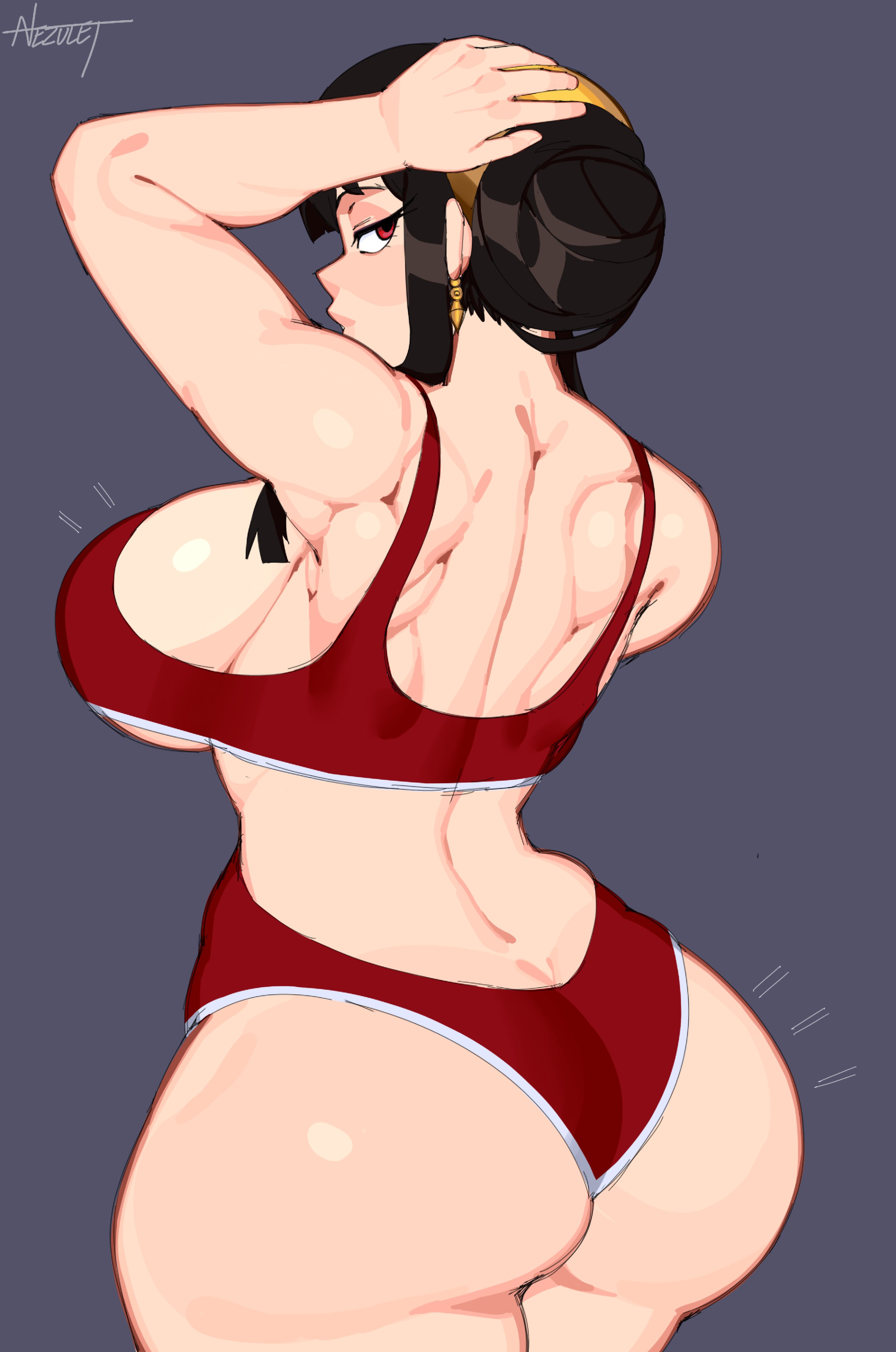 1girls, absurd res, ass, ass cleavage, ass crack, big ass, big breasts, black hair, breasts, busty, butt crack, curvy, fat ass, female, female only, hi res, hourglass figure, huge breasts, large ass, large breasts, looking at viewer, looking back, muscular, muscular back, nezulet, red eyes, sideboob, solo, spy x family, thick ass, thighs, yor briar
