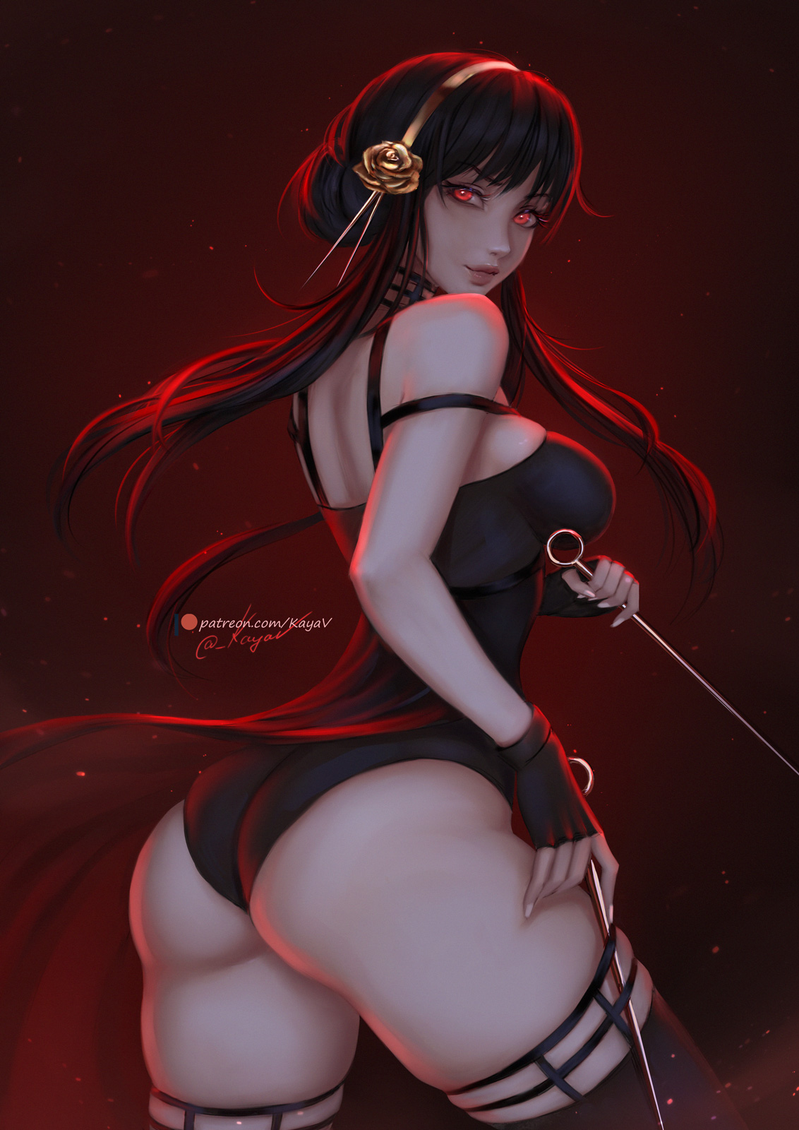1girls, ass, assassin, black hair, dress, female, female only, hi res, kayav, looking at viewer, looking back, red eyes, skindentation, solo, spy x family, stiletto (weapon), thighs, thorn princess, yor briar