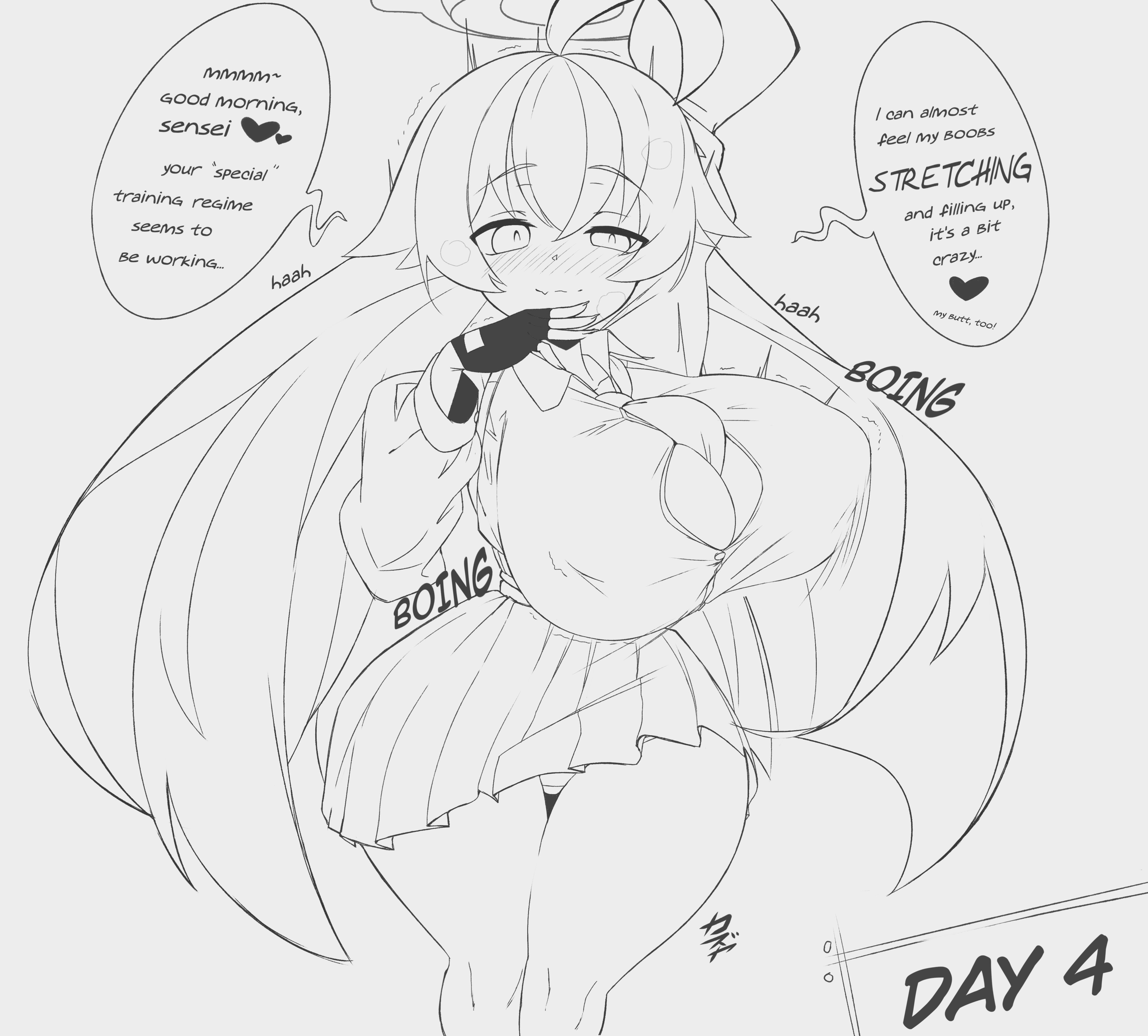 big breasts, blue archive, breasts, dialogue, female, hoshino (blue archive), huge breasts, kazuya zoey, thighs, white background