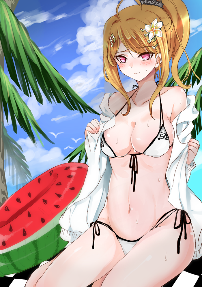 akamatsu_kaede bikini blush danganronpa danganronpa_v3 embarrassed shimaneko_(matarou99) skimpy_bikini straight_hair