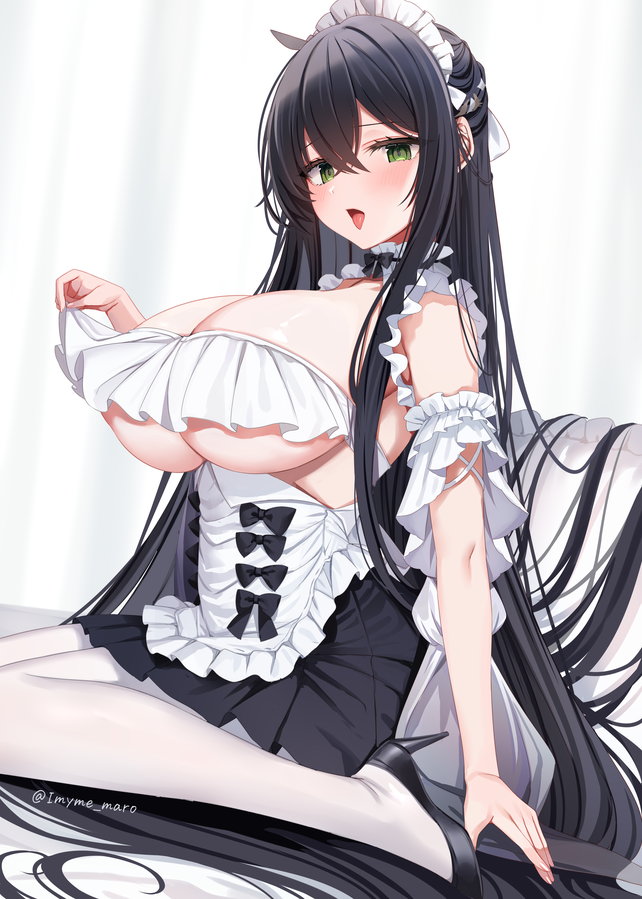 1girls 2022 artist_signature azur_lane black_hair blush breasts cleavage female female_only green_eyes heels hips huge_breasts indomitable_(azur_lane) indomitable_(ms._motivationless_maid)_(azur_lane) light-skinned_female light_skin long_hair looking_at_viewer maid maid_headdress maid_outfit maid_uniform marota_(imyme_maro) naughty_face open_mouth royal_navy_(azur_lane) slim_waist solo thick_thighs thighs tights wide_hips