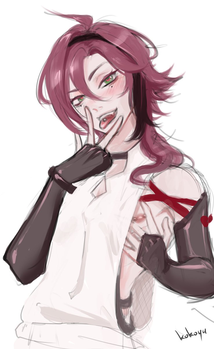 genshin impact, green eyes, heart-shaped pupils, male, male focus, male only, nipple piercing, nipples, piercing, red hair, shikanoin heizou, tongue, tongue out, tongue piercing