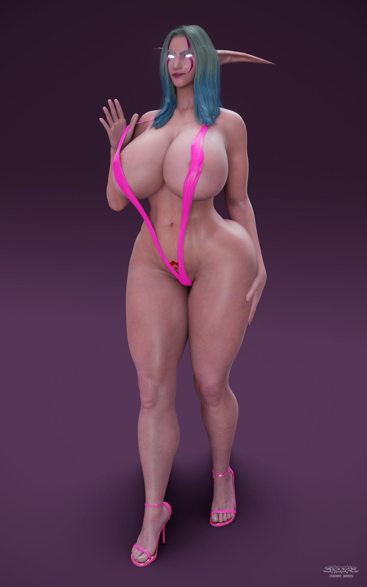 aria starchaser, ass, big ass, big breasts, breasts, female, glowing eyes, high heels, horde symbol, long ears, night elf, pink skin, sling bikini, sling bikini aside, slingshot swimsuit, snoopz, warcraft, wide hips, world of warcraft