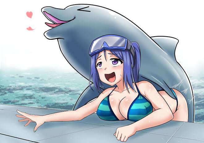 1animal, 1girls, artist request, big breasts, bigger version at the source, bikini, blue hair, breasts, cleavage, cute face, dolphin, eyewear, eyewear on head, female, from behind, goggles, goggles on head, heart, implied sex, large breasts, light skin, light-skinned female, love live!, love live! sunshine!!, matsuura kanan, open mouth, open smile, open-mouth smile, purple eyes, pussy, sex, smile, taken from behind, vaginal sex, zoophilia