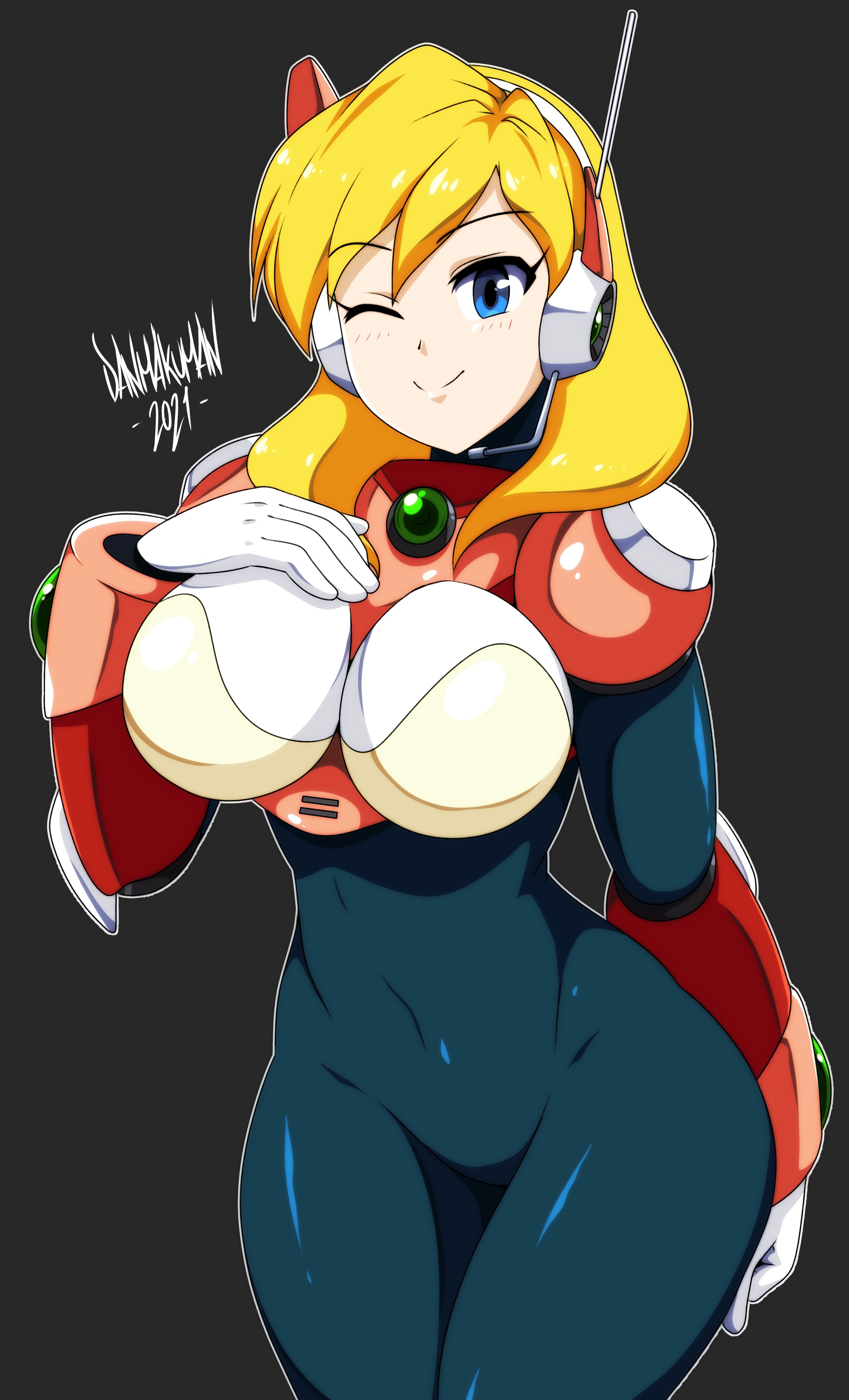 1girls, alia, armor, big breasts, blonde hair, blue eyes, bodysuit, breasts, danmakuman, female, mega man, mega man x, mega man x dive, smile, solo, tagme, wink