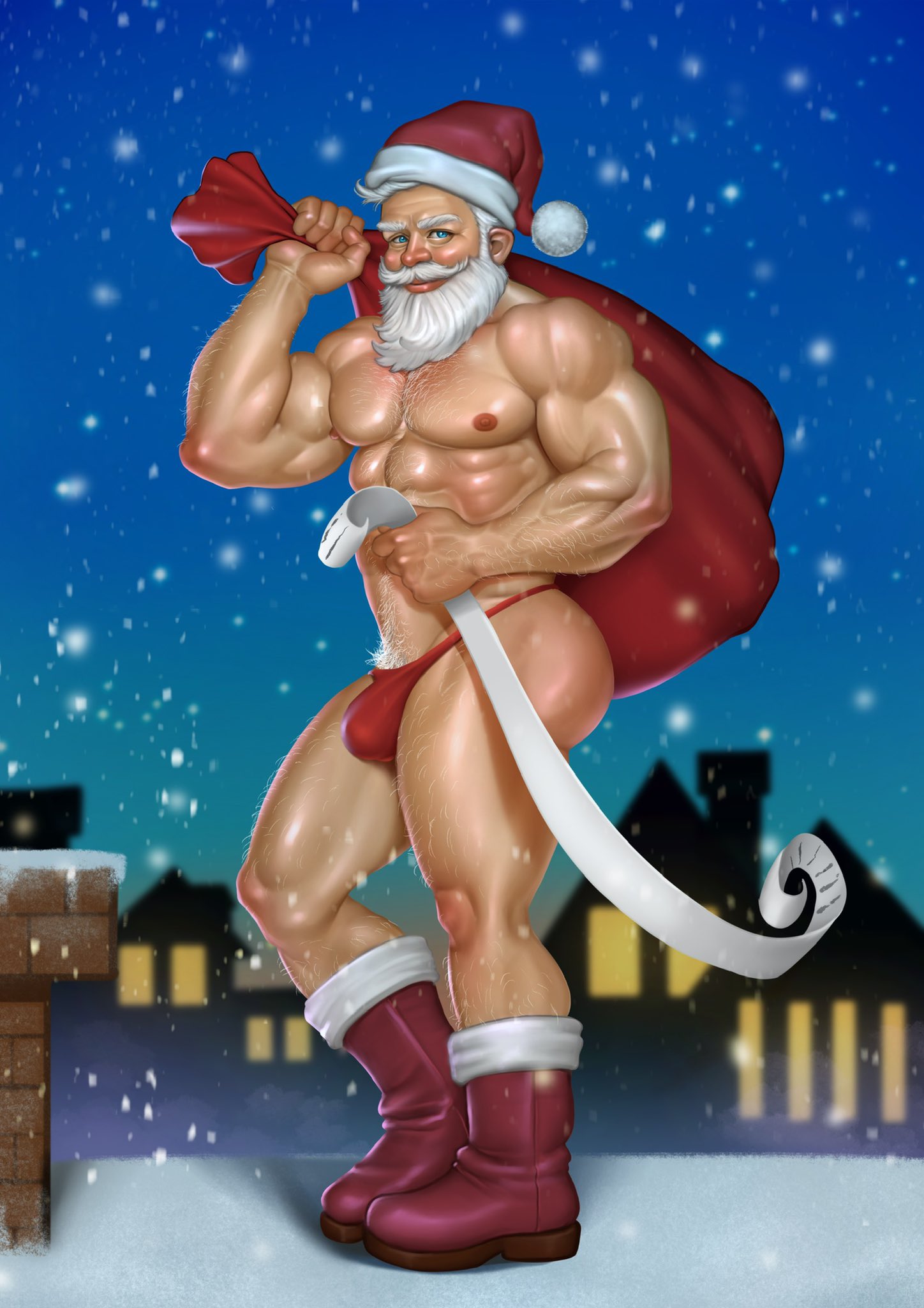 1boy abs beard blue_eyes body_hair boots bulge christmas dilf facial_hair hairy_male human looking_at_viewer male male_nipples male_only male_pubic_hair male_thong muscles muscular_male pecs penis_bulge posing sack santa_claus santa_hat snow solo white_hair winter zharts