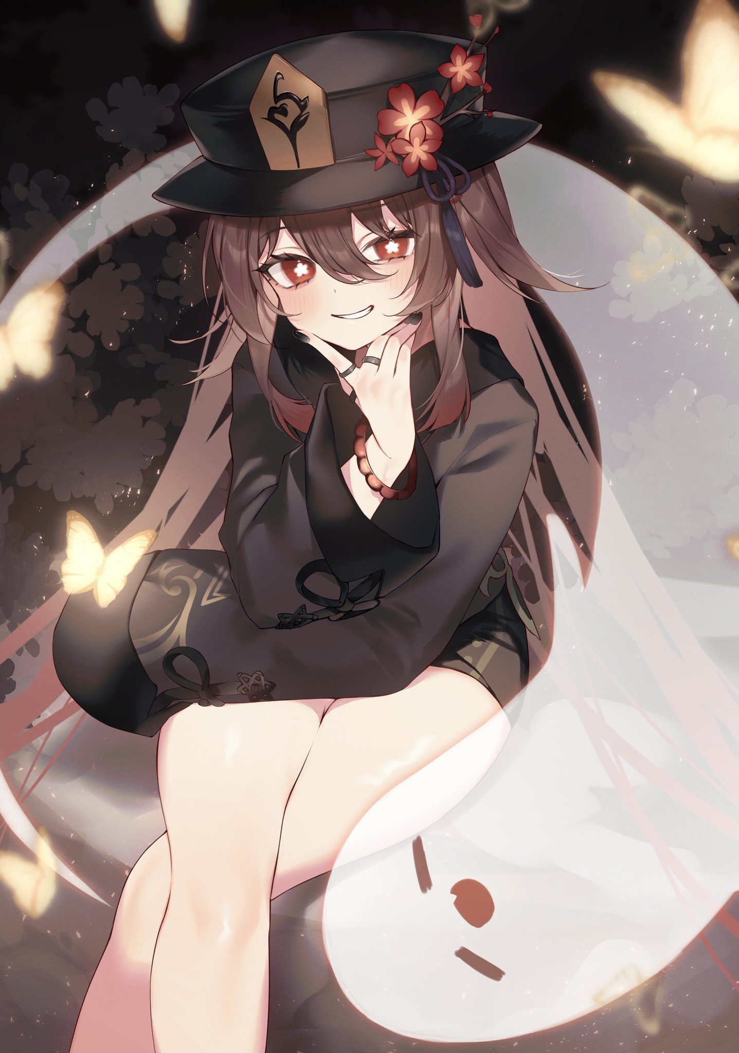 1girls, 2022, background, black nails, blush, blushing, cute, female, female only, flat chest, genshin impact, hat, hu tao (genshin impact), jewelry, long hair, looking at viewer, ring, sitting, smile, smug face, solo, starry eyes, tagme, tamafurin, thick thighs, thighs